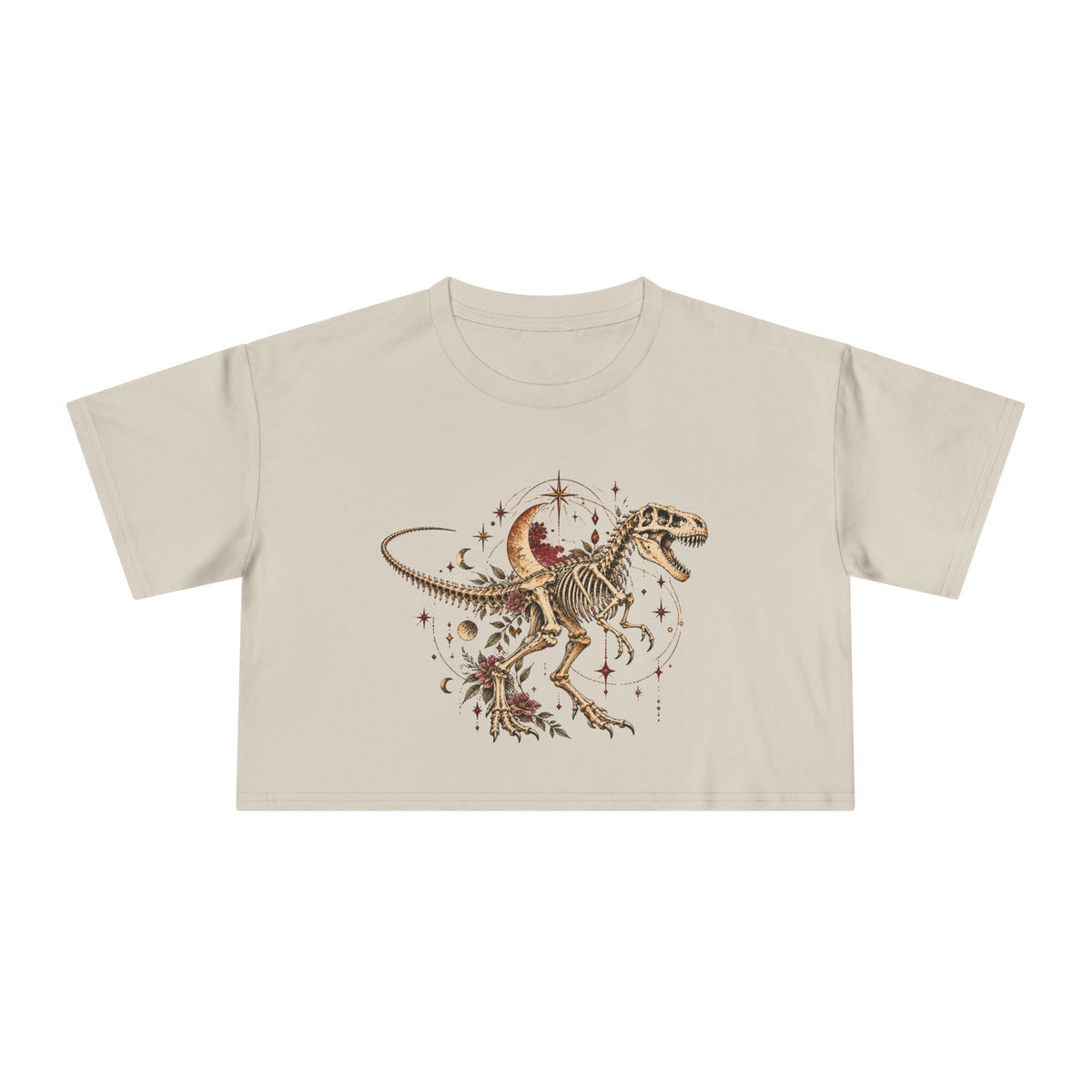 Celestial T-Rex Skeleton Crop Tee, Dark Academia Moon Stars Floral Dinosaur Women's Cropped T-Shirt