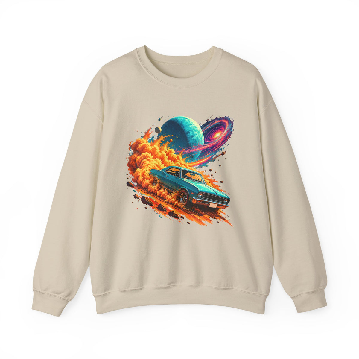 Cosmic Muscle Car Drift Crewneck Sweatshirt Teal Classic Car Orange Dust Planet Galaxy Art