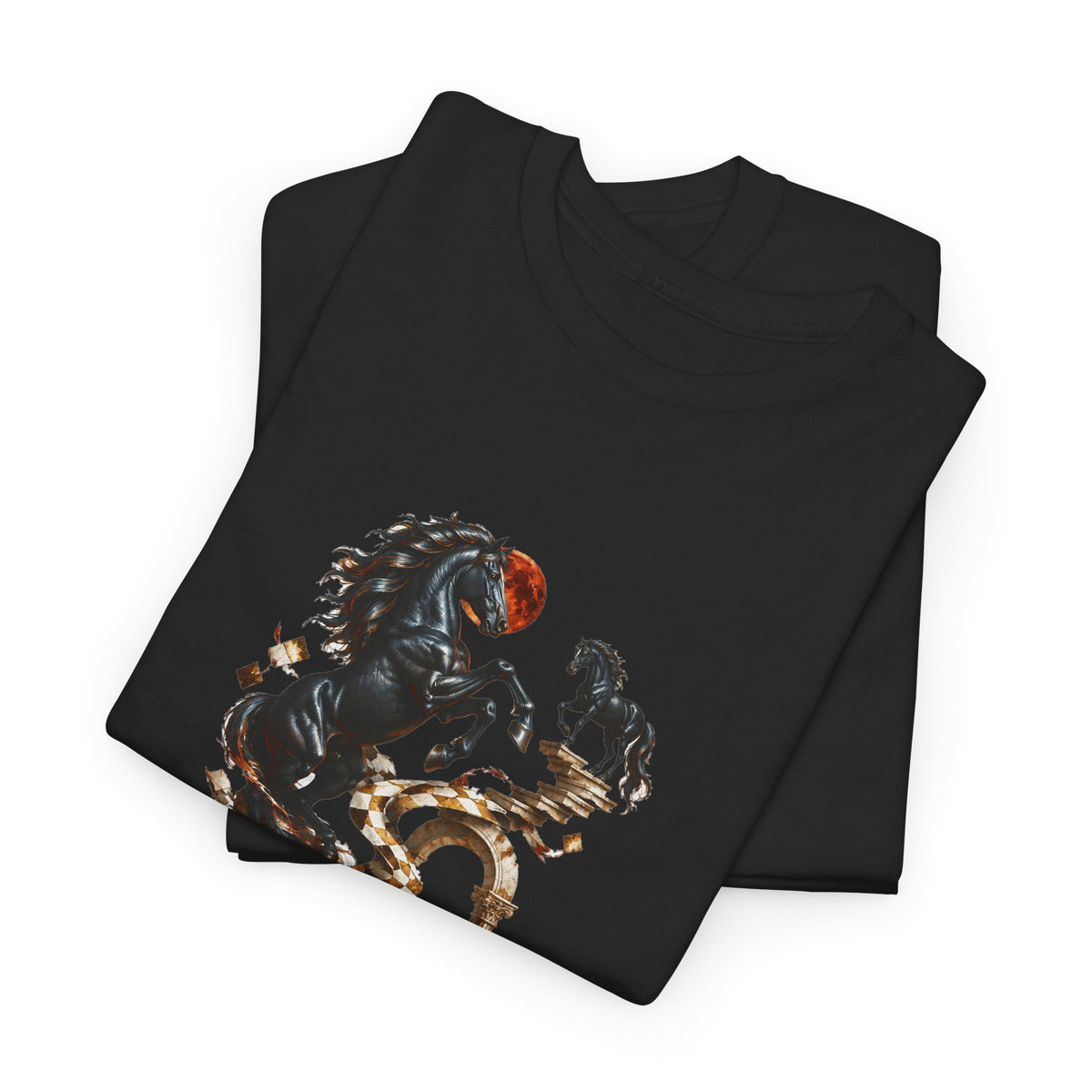 Surreal Black Horses Chess Fantasy T-Shirt Rearing Stallions Stairs Moon Tee