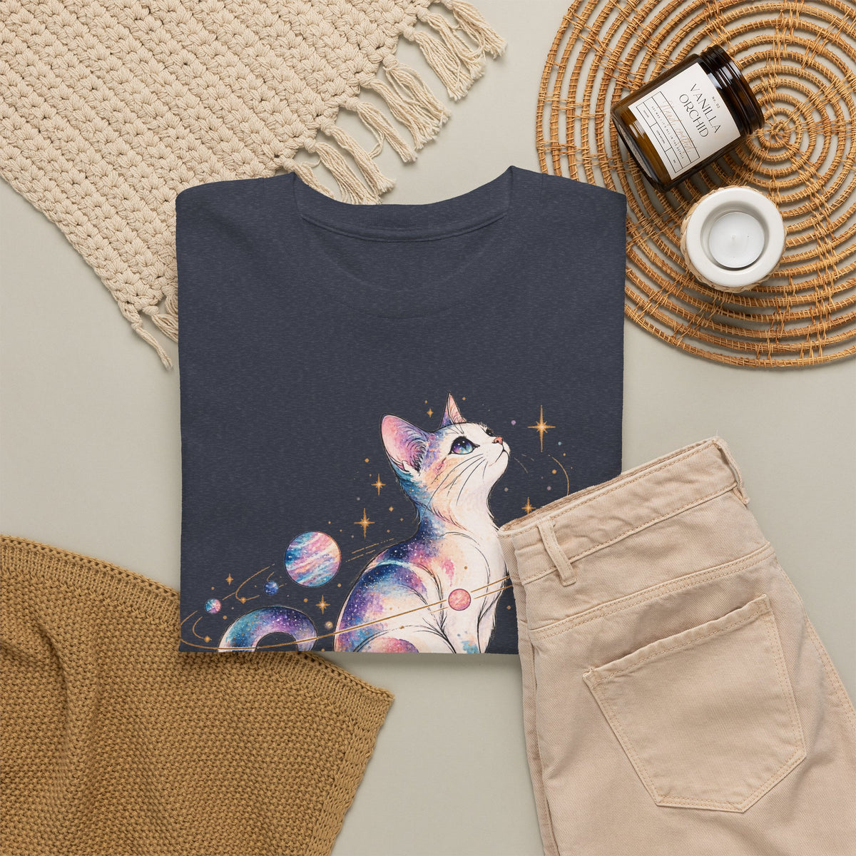 Cosmic Galaxy Cat T-Shirt, Pastel Watercolor Cat Planets Gold Stars Celestial Graphic Tee Unisex