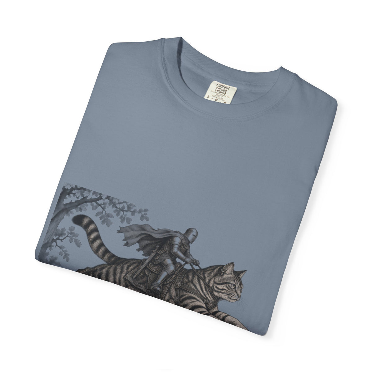 Medieval Knight Riding Leaping Tabby Cat Tee Dark Fantasy Moonlit Cat Shirt
