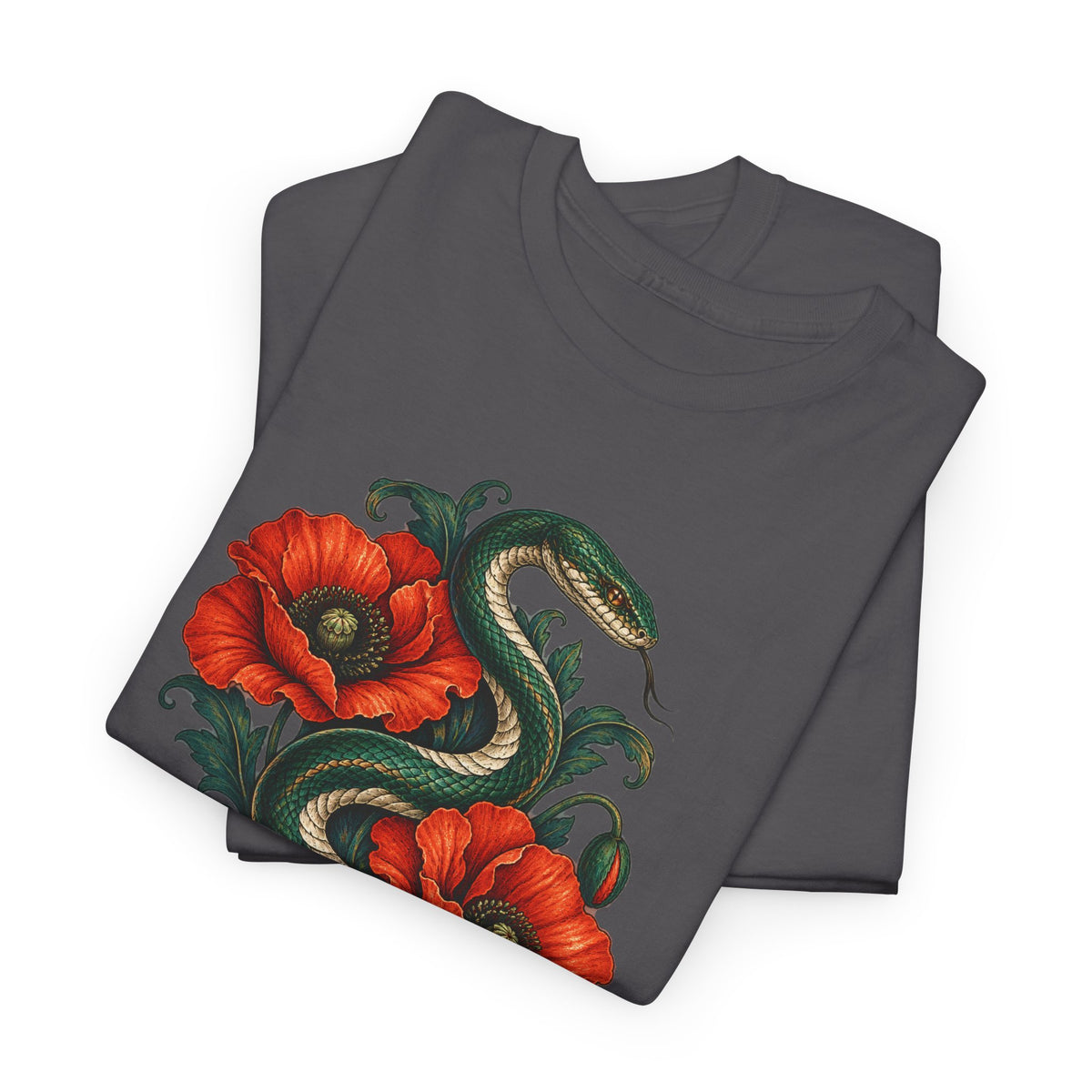 Green Snake Red Poppies T-Shirt Botanical Serpent Floral Tee