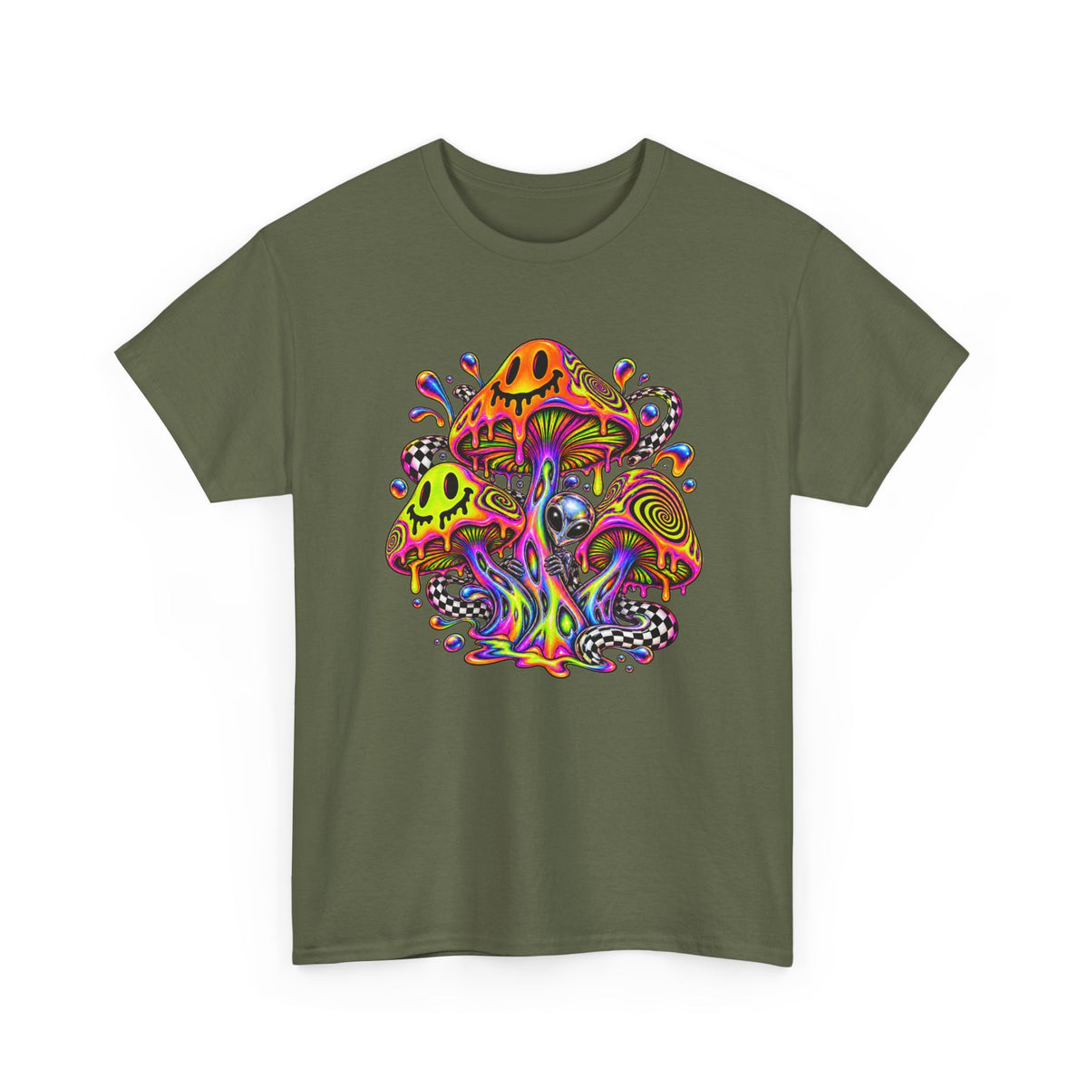 Neon Smiley Mushrooms T-Shirt Acid Alien Trippy Psychedelic Tee