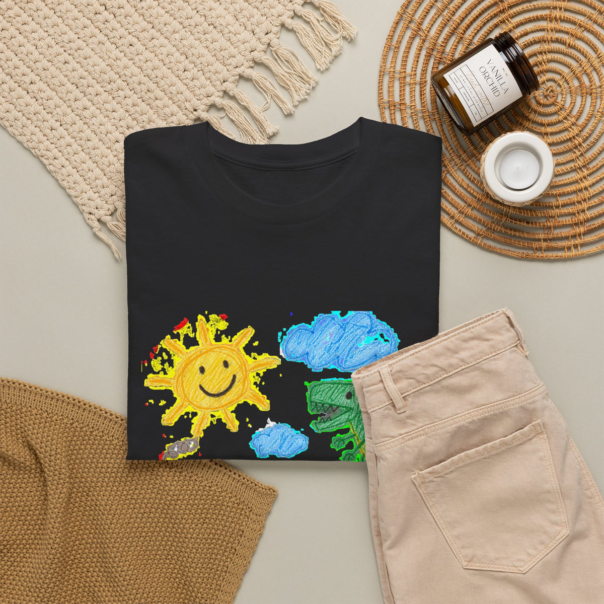Kids Crayon Drawing T-Shirt Dinosaur Dog Sun House Cute Childlike Art Tee
