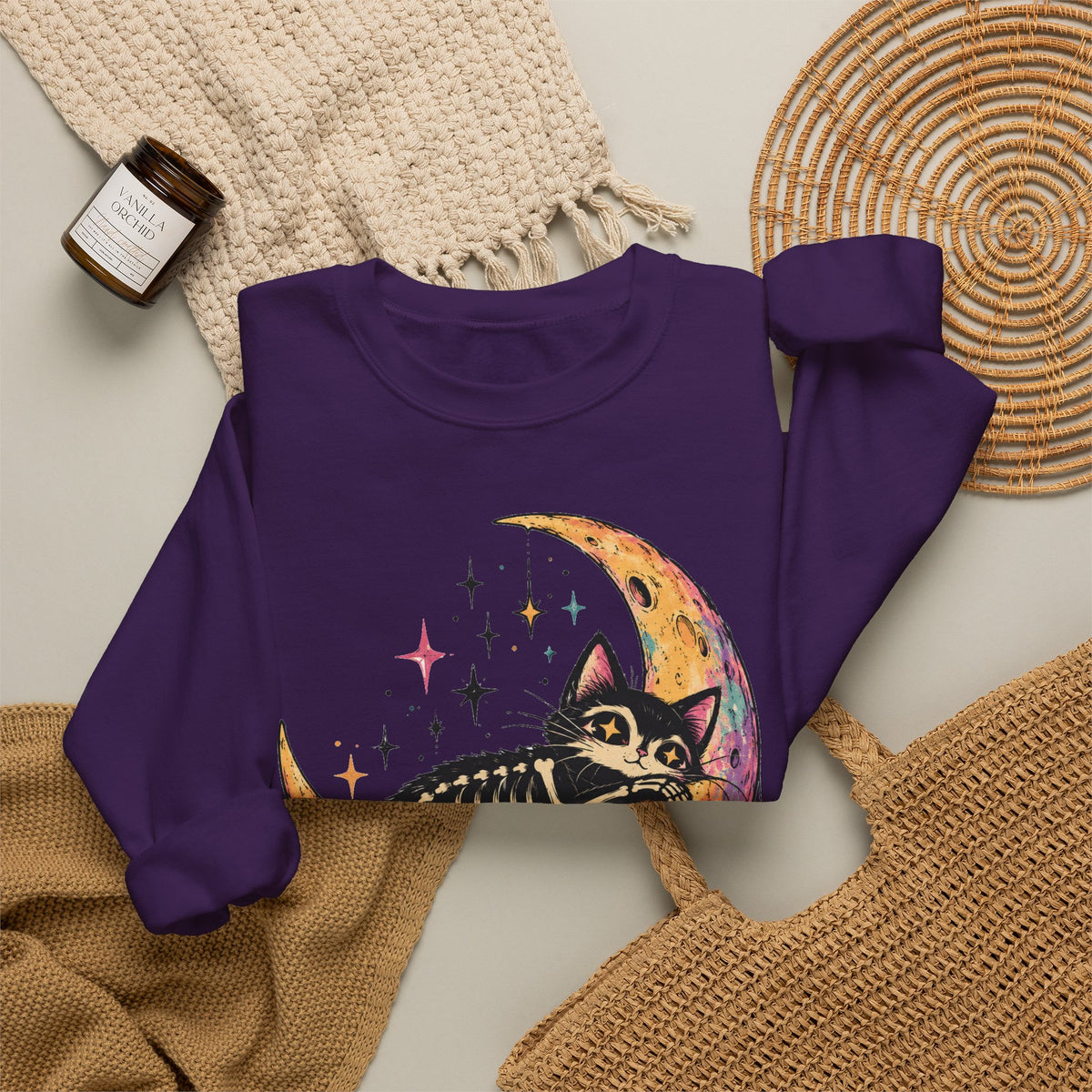 Skeleton Cat Moon Sweatshirt Pastel Goth Crescent Moon Black Cat Crewneck