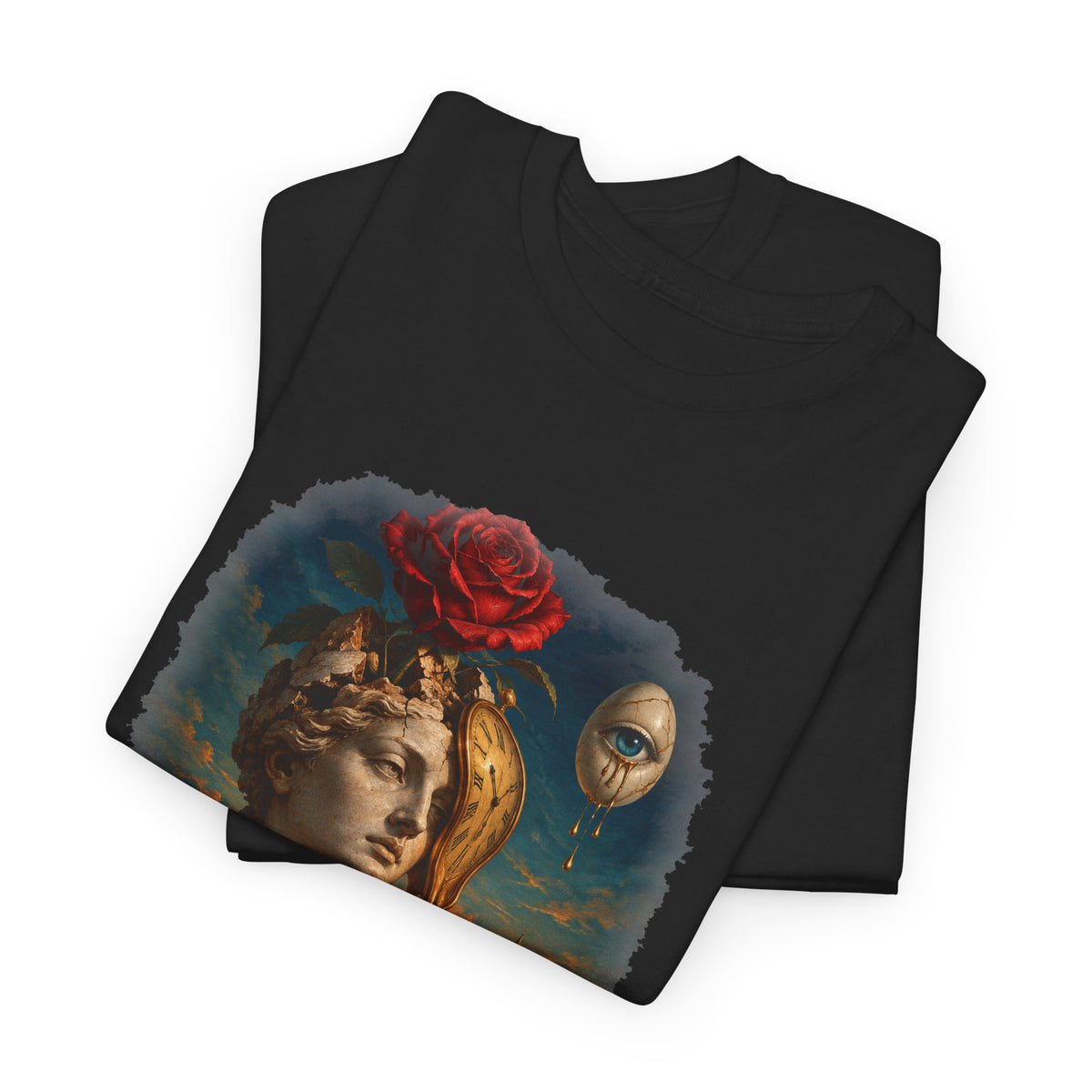 Surreal Rose Bust Melting Clock T-Shirt Dalí Style Desert Dream Tee