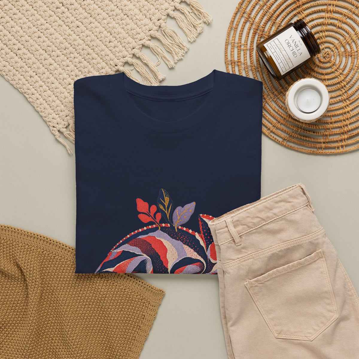 Striped Chameleon T-Shirt Boho Leaves Spiral Tail Lizard Tee