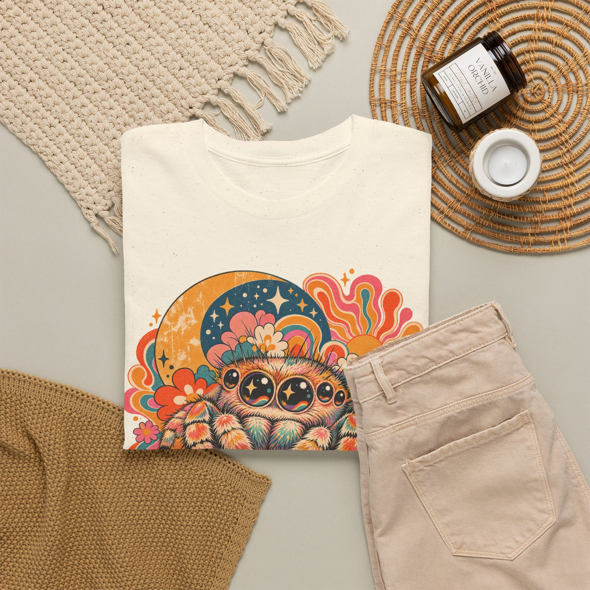 Groovy Jumping Spider T-Shirt Retro 70s Flowers Creepy Cute Tee