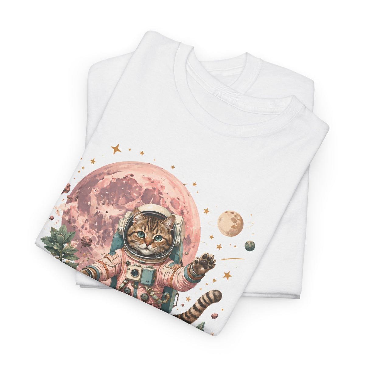 Tabby Cat Astronaut T-Shirt Pastel Pink Moon Space Cat Waving Tee