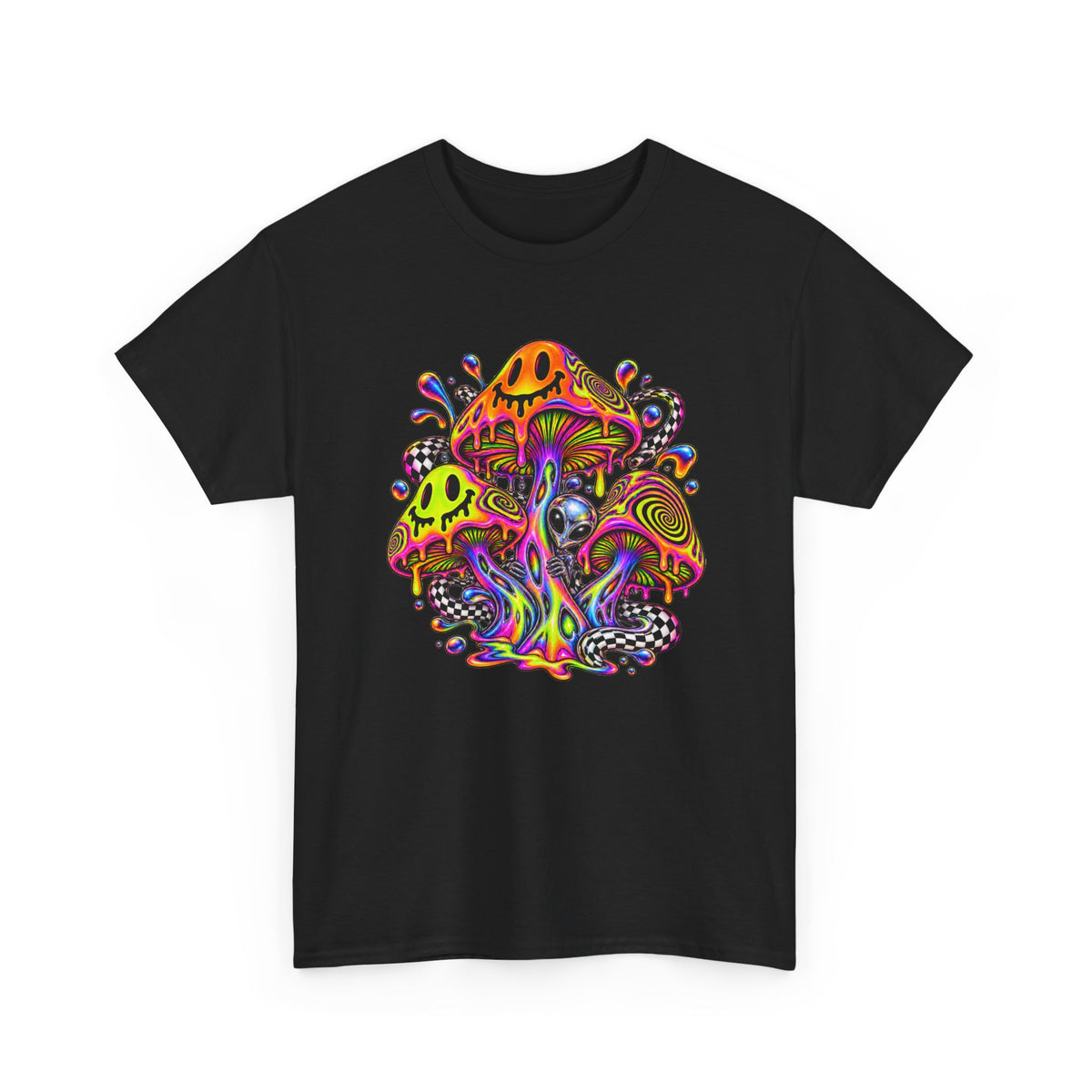 Neon Smiley Mushrooms T-Shirt Acid Alien Trippy Psychedelic Tee