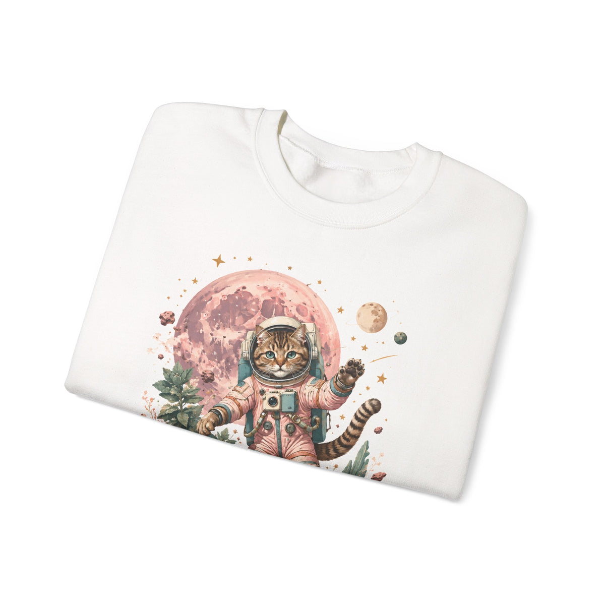 Tabby Cat Astronaut Sweatshirt Pastel Pink Moon Space Cat Waving Crewneck