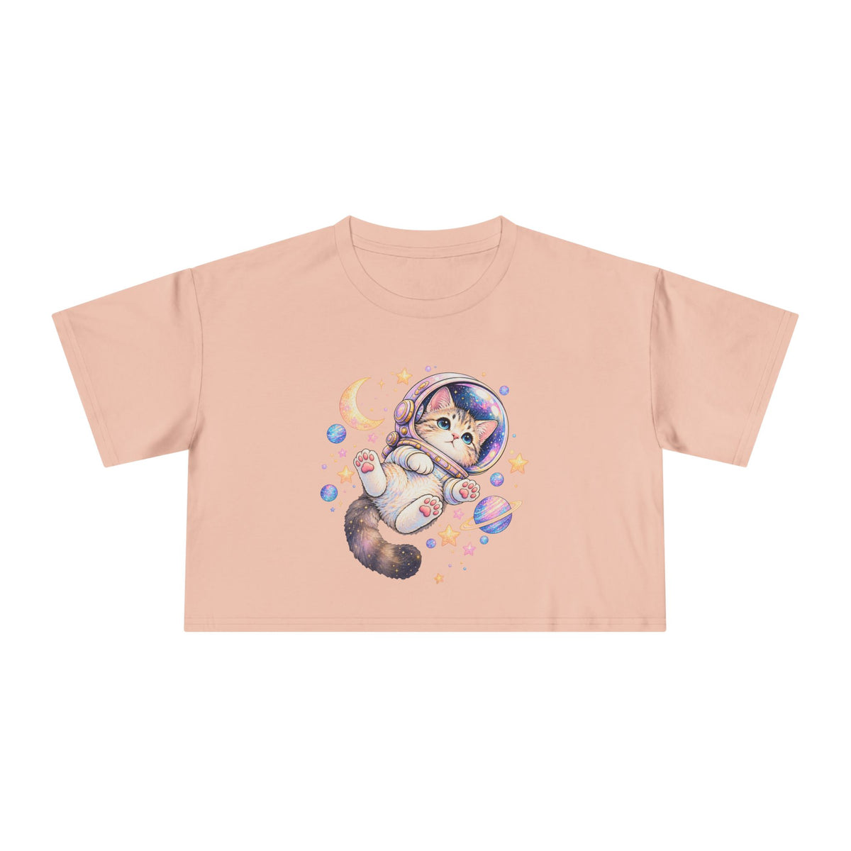 Astronaut Kitten Crop Tee, Cute Pastel Space Cat Helmet Moon Planets Stars Kawaii Women's Cropped T-Shirt