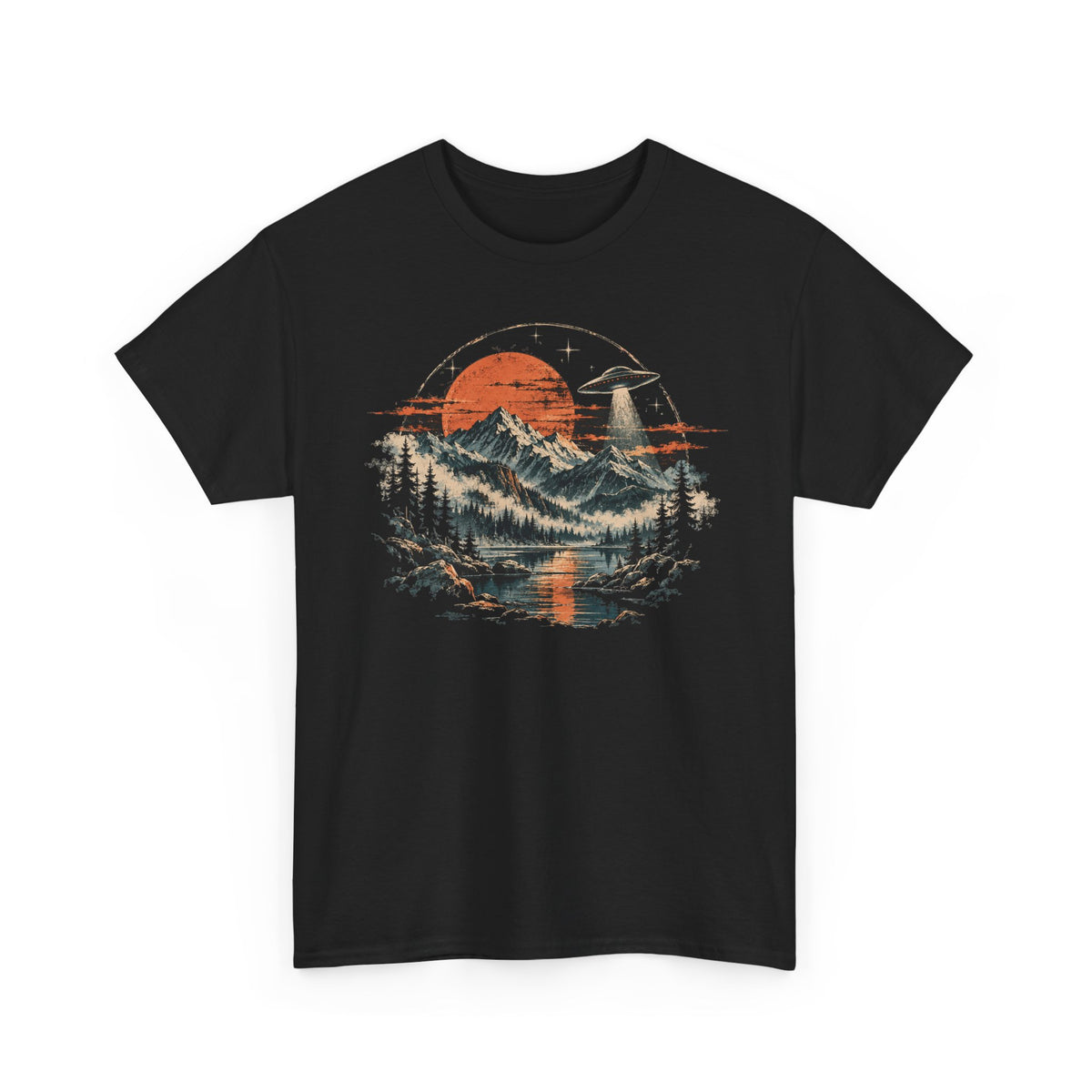 UFO Mountain Lake T-Shirt Flying Saucer Orange Moon Alien Graphic Tee