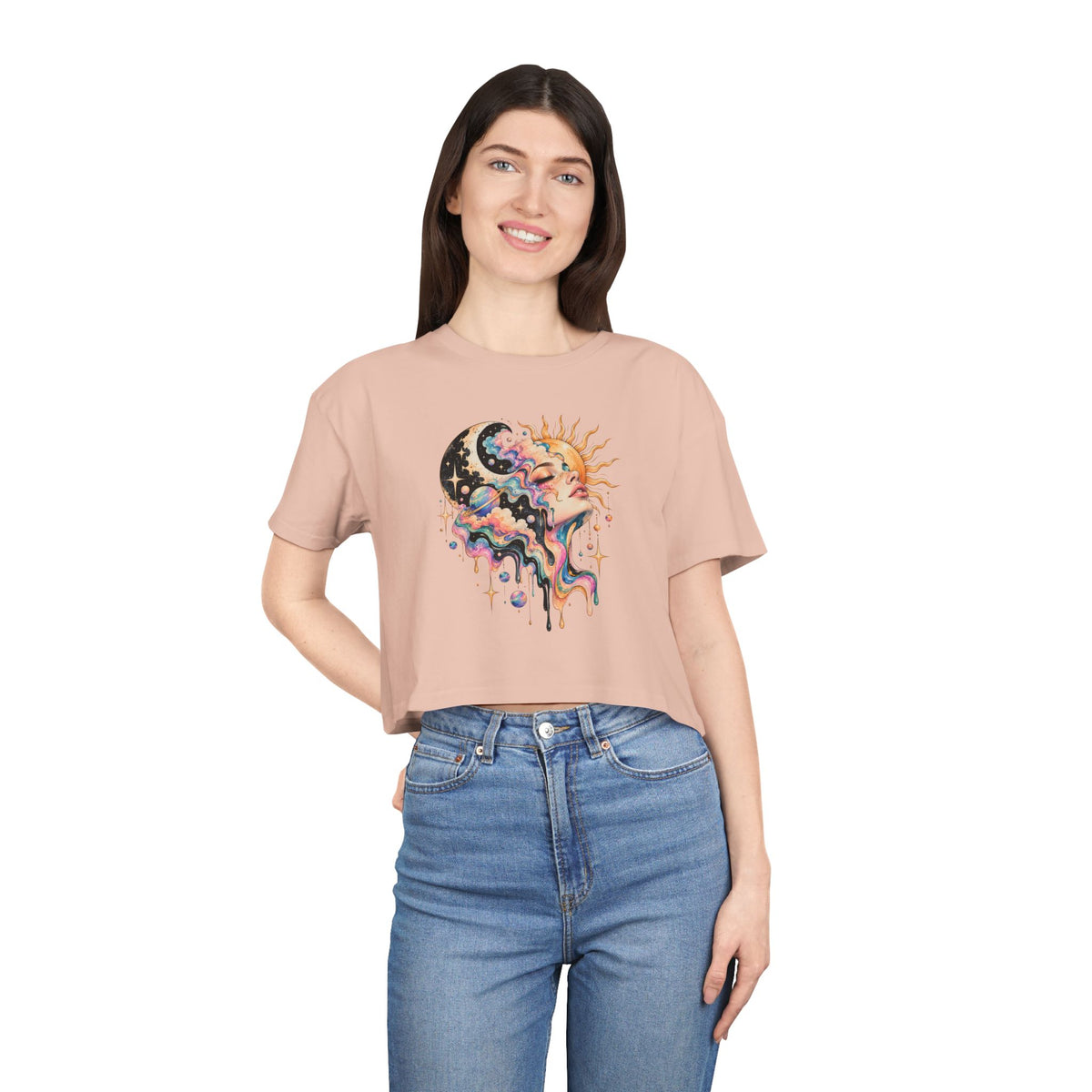 Celestial Sun and Moon Woman Crop Tee, Pastel Cloud Hair Melting Drip Planets Stars Women's Cropped T-Shirt