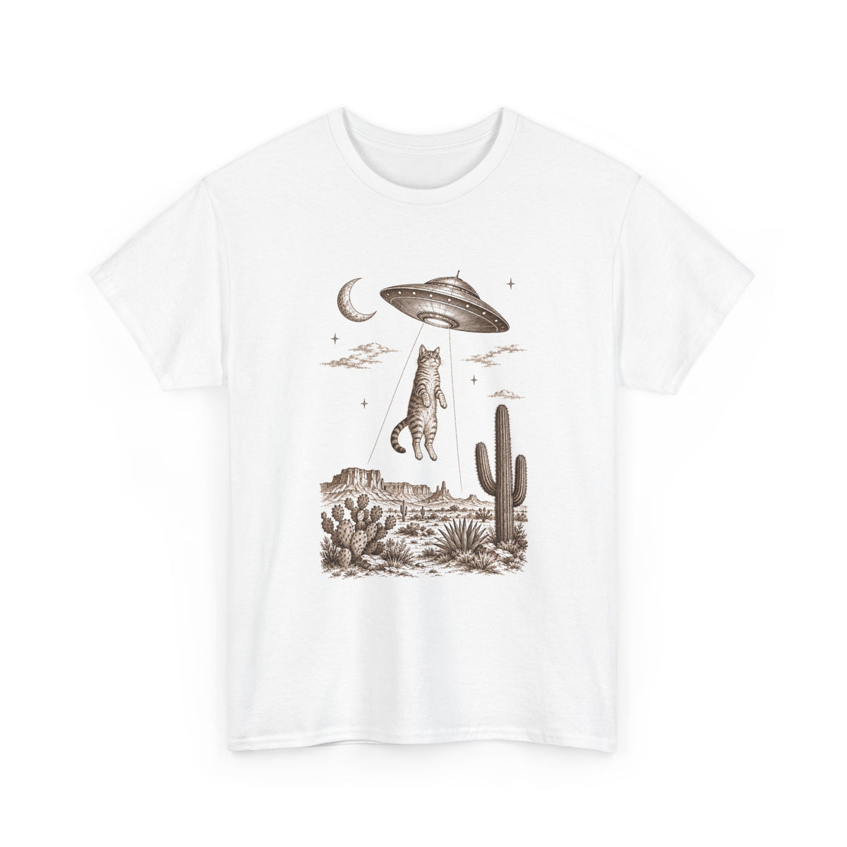 UFO Cat Abduction T-Shirt Sepia Desert Tabby Alien Beam Tee