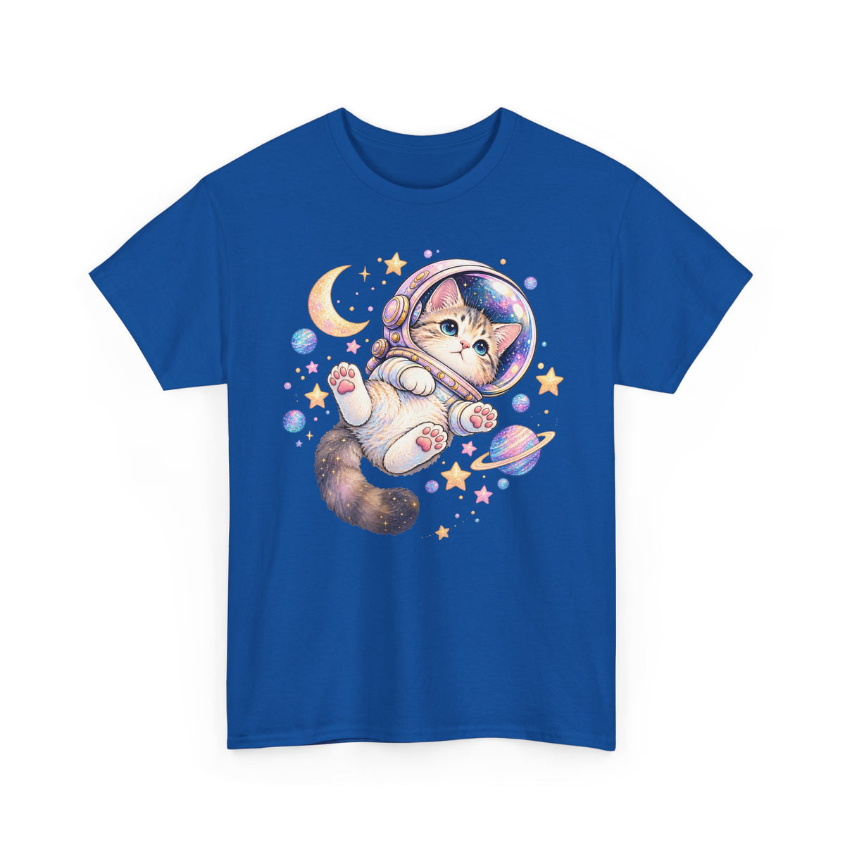 Astronaut Kitten T-Shirt, Cute Pastel Space Cat Helmet Moon Planets Stars Graphic Tee Unisex