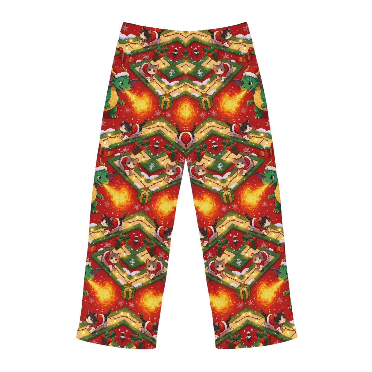 Green Christmas Dragon Kittens Mens Pajama Pants Holiday Sleep Pants