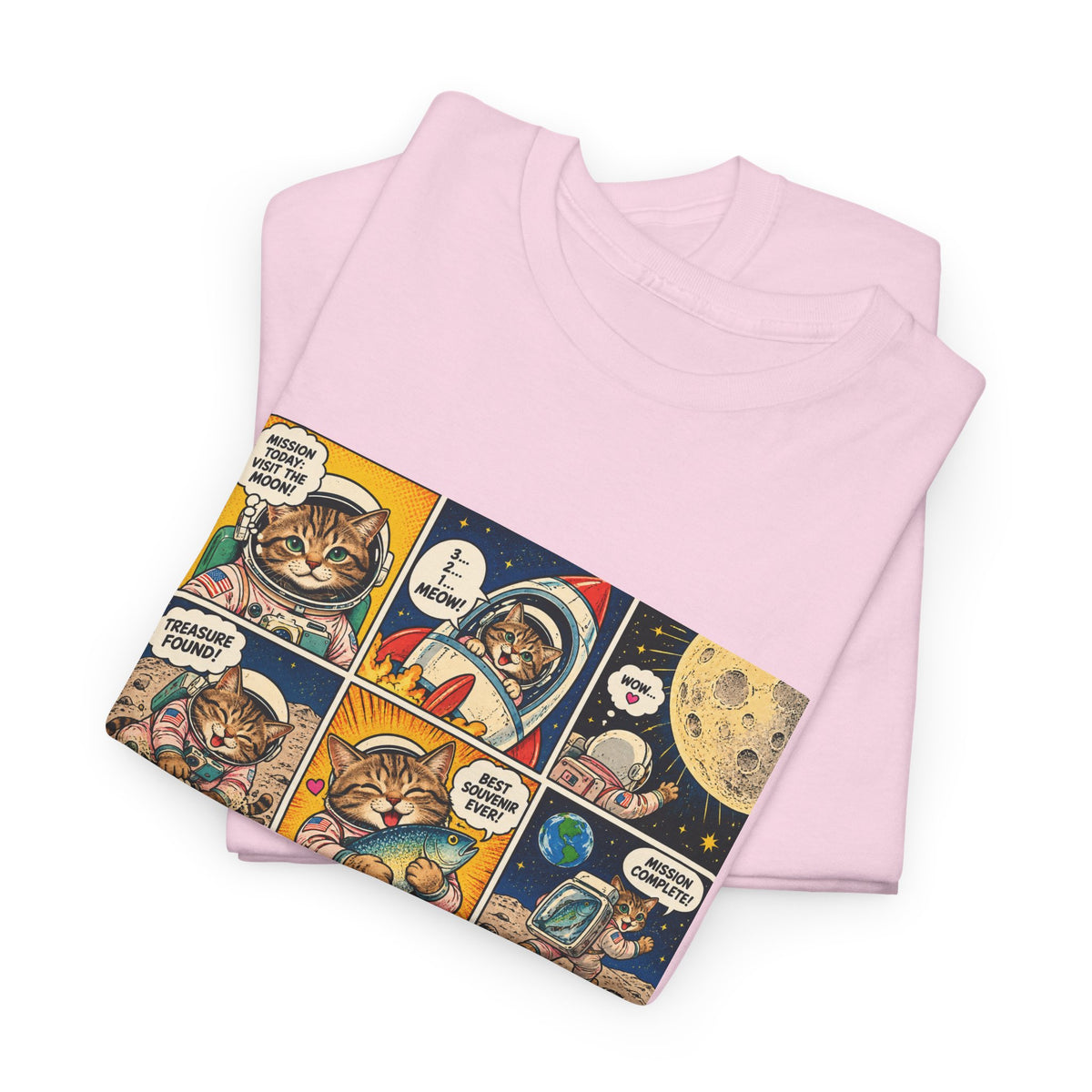 Astronaut Cat Comic T-Shirt, Space Cat Moon Mission Fish Funny Comic Strip Graphic Tee Unisex