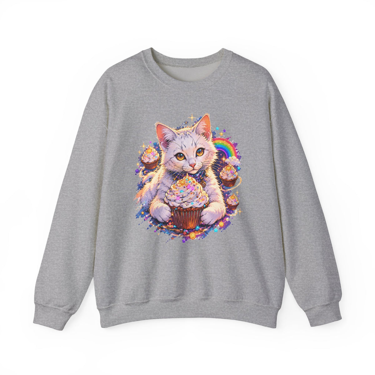 Birthday Cat Cupcake Crewneck Sweatshirt Cute White Kitten Rainbow Sprinkles Party Art