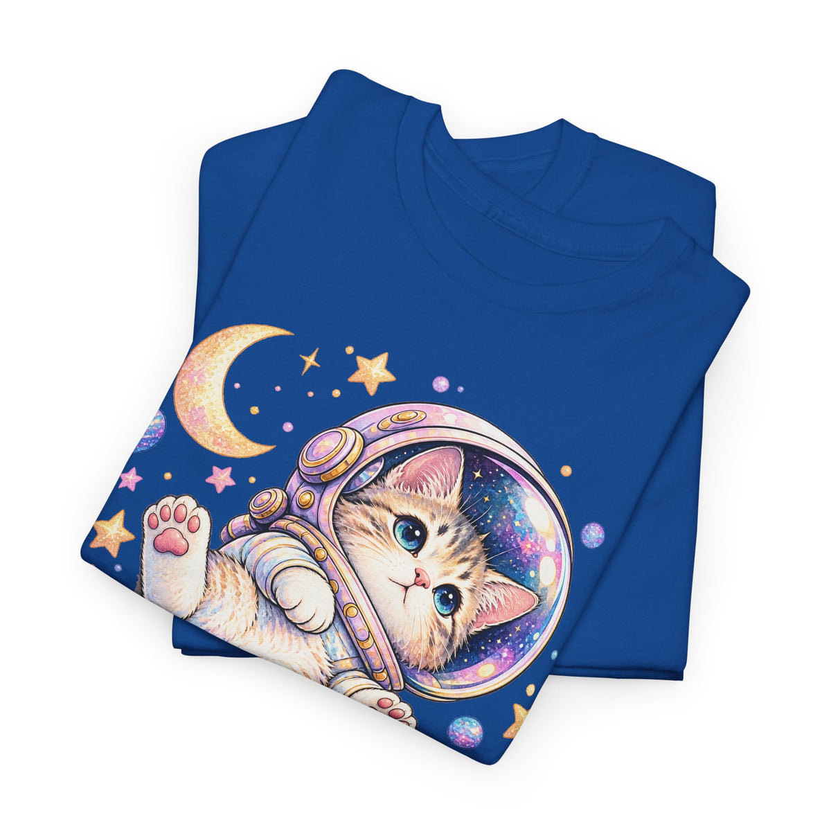 Astronaut Kitten T-Shirt, Cute Pastel Space Cat Helmet Moon Planets Stars Graphic Tee Unisex