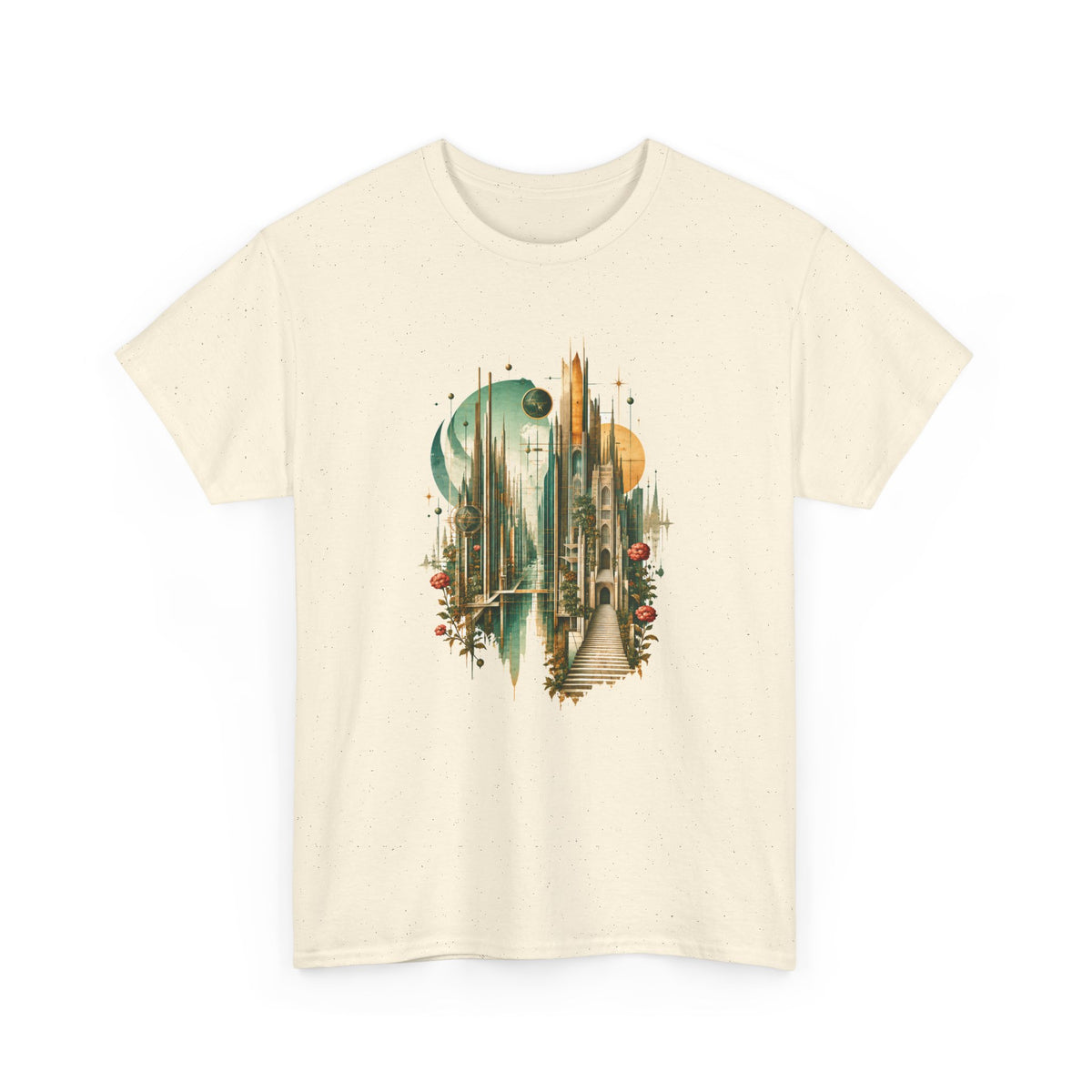 Art Deco Emerald City T-Shirt Gold Fantasy Skyline Roses Stairway Art