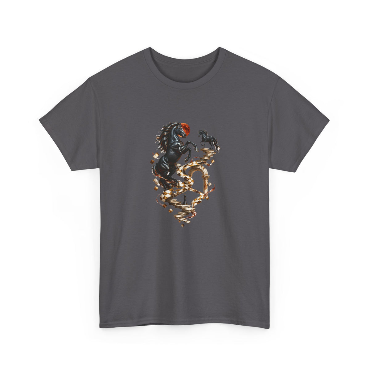 Surreal Black Horses Chess Fantasy T-Shirt Rearing Stallions Stairs Moon Tee