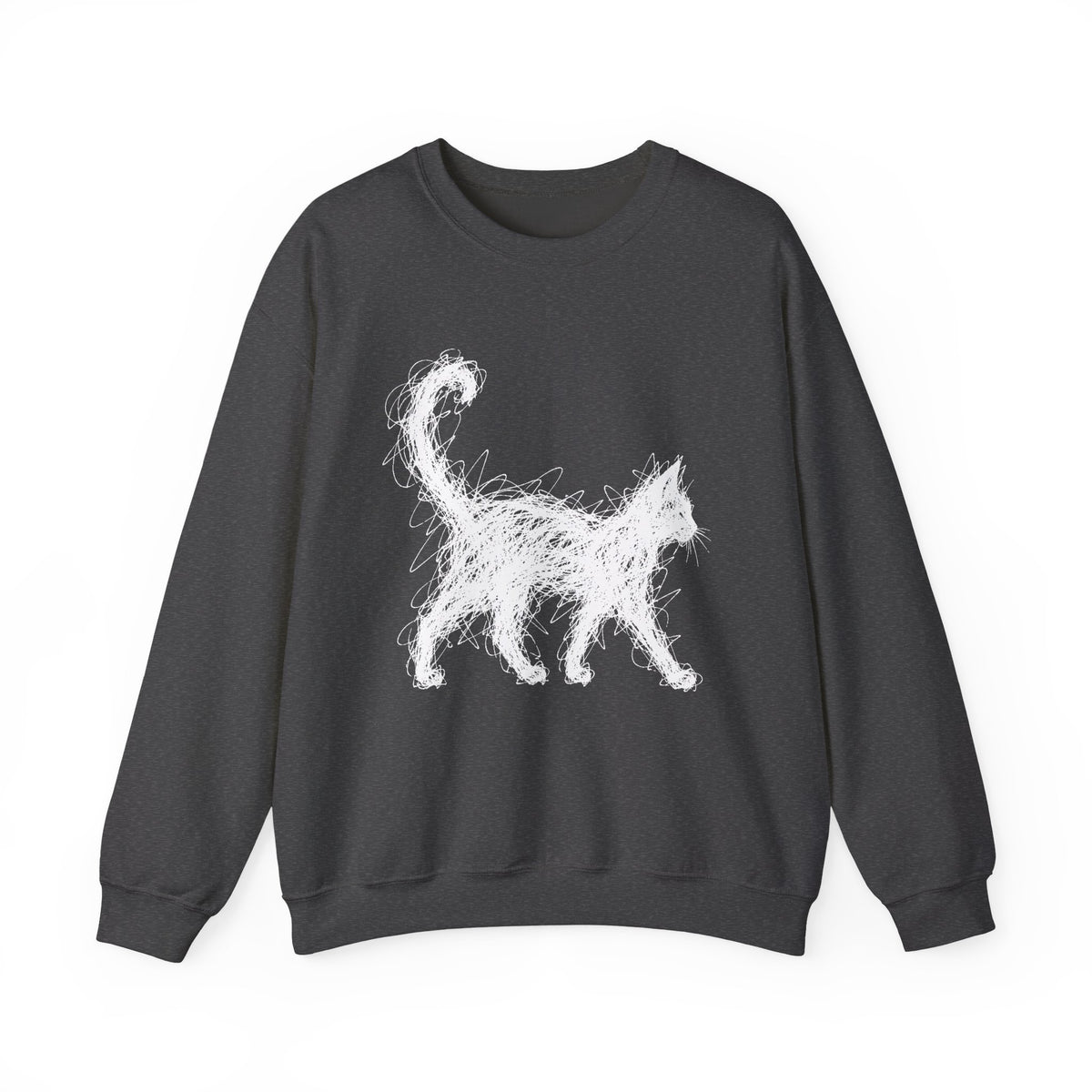 Scribble White Cat on Black Sweatshirt Minimal Line Art Cat
