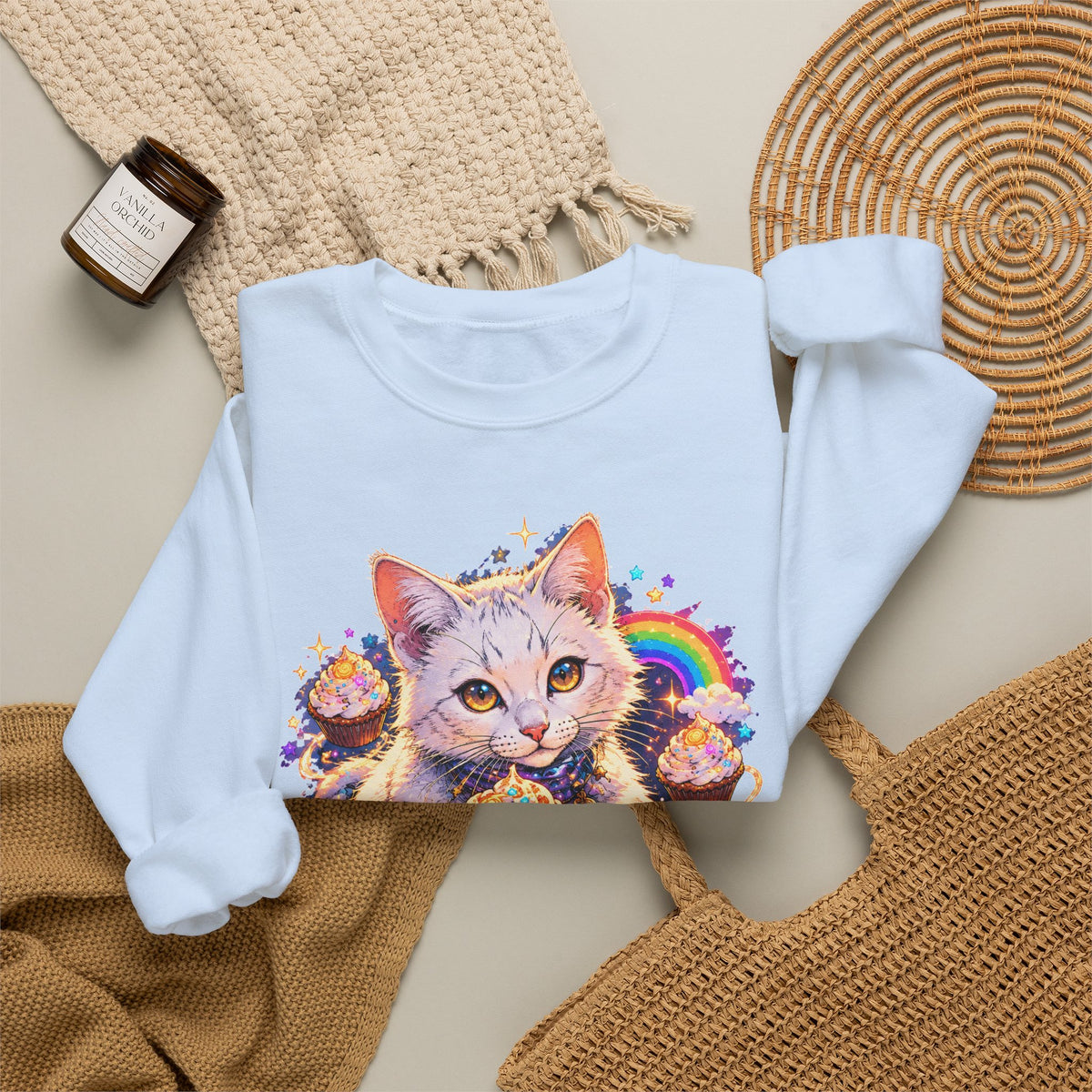 Birthday Cat Cupcake Crewneck Sweatshirt Cute White Kitten Rainbow Sprinkles Party Art