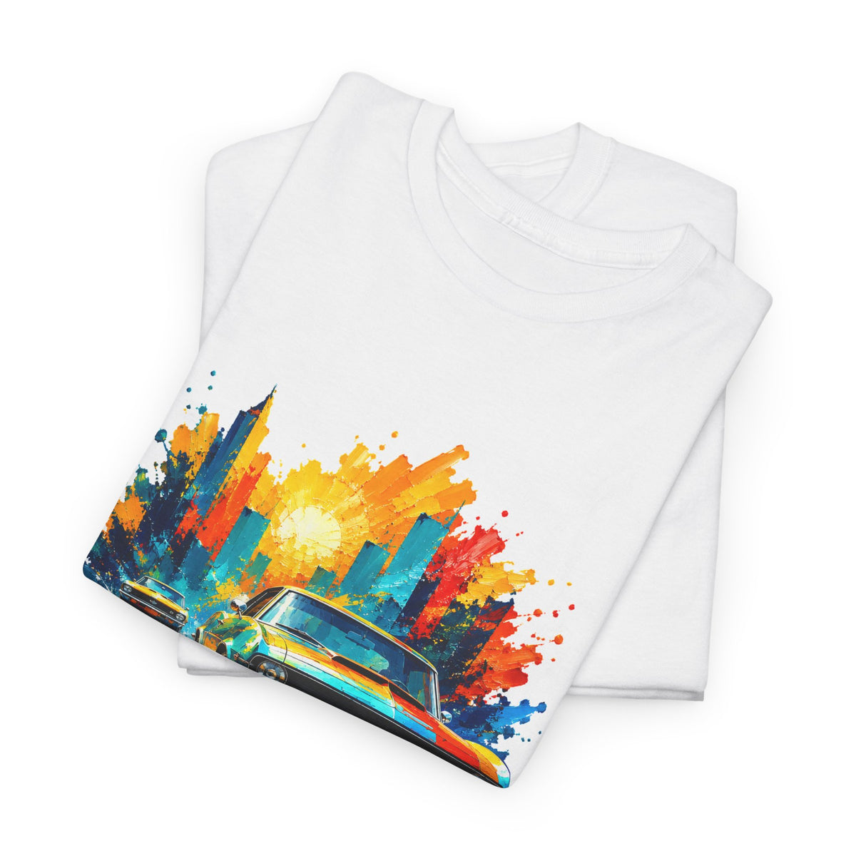 Paint Splash Muscle Car T-Shirt Colorful City Sunset Classic Car Art