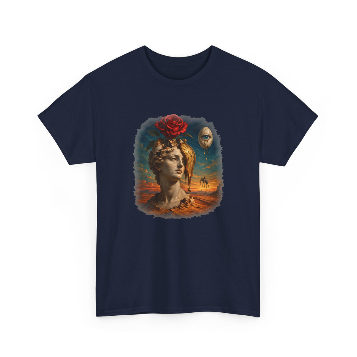 Surreal Rose Bust Melting Clock T-Shirt Dalí Style Desert Dream Tee