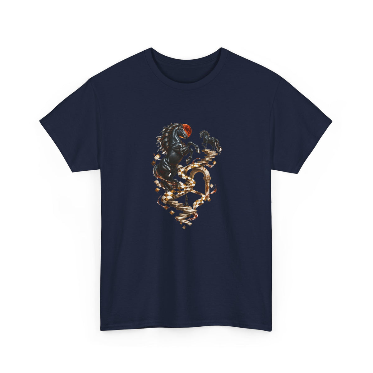 Surreal Black Horses Chess Fantasy T-Shirt Rearing Stallions Stairs Moon Tee