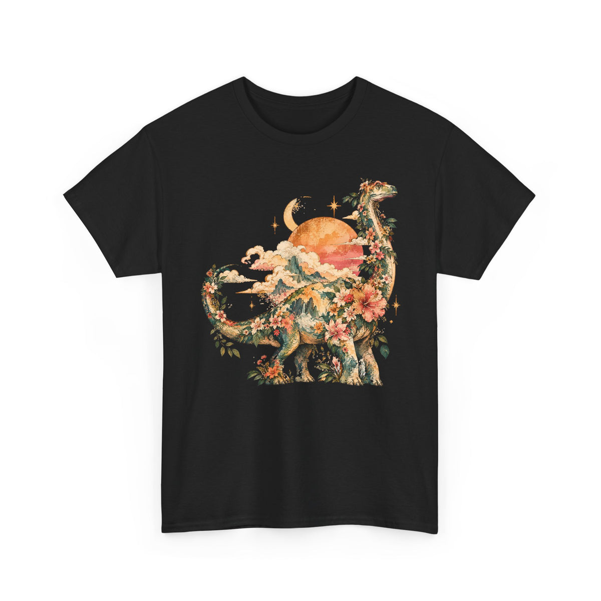 Floral Dinosaur T-Shirt, Vintage Brontosaurus Sunset Mountains Graphic Tee Unisex Nature Shirt