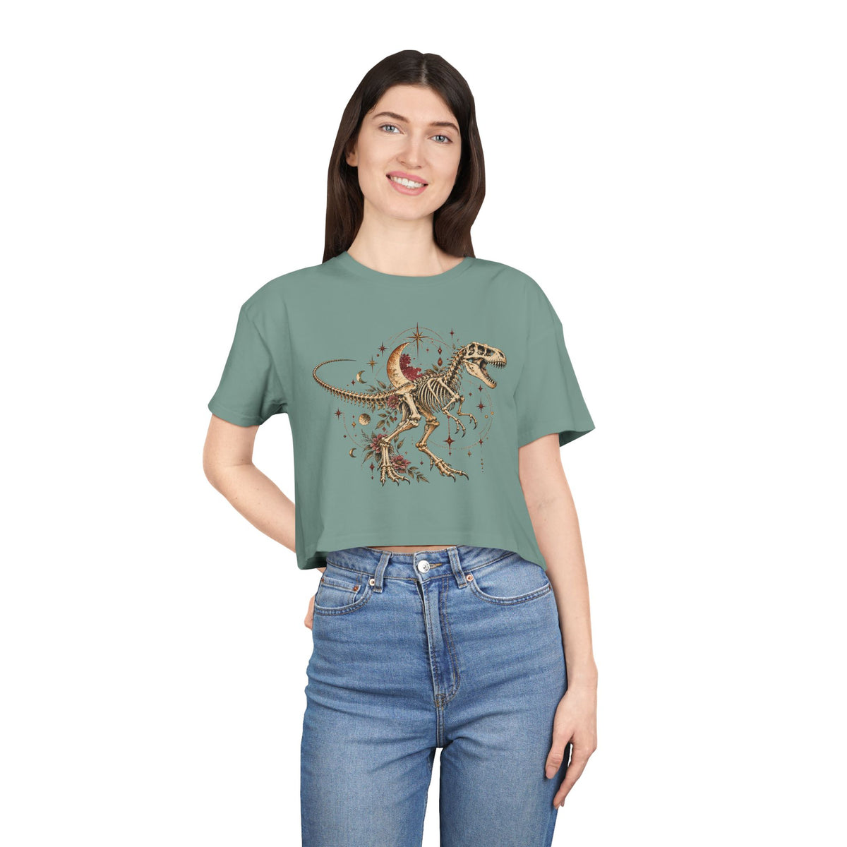 Celestial T-Rex Skeleton Crop Tee, Dark Academia Moon Stars Floral Dinosaur Women's Cropped T-Shirt