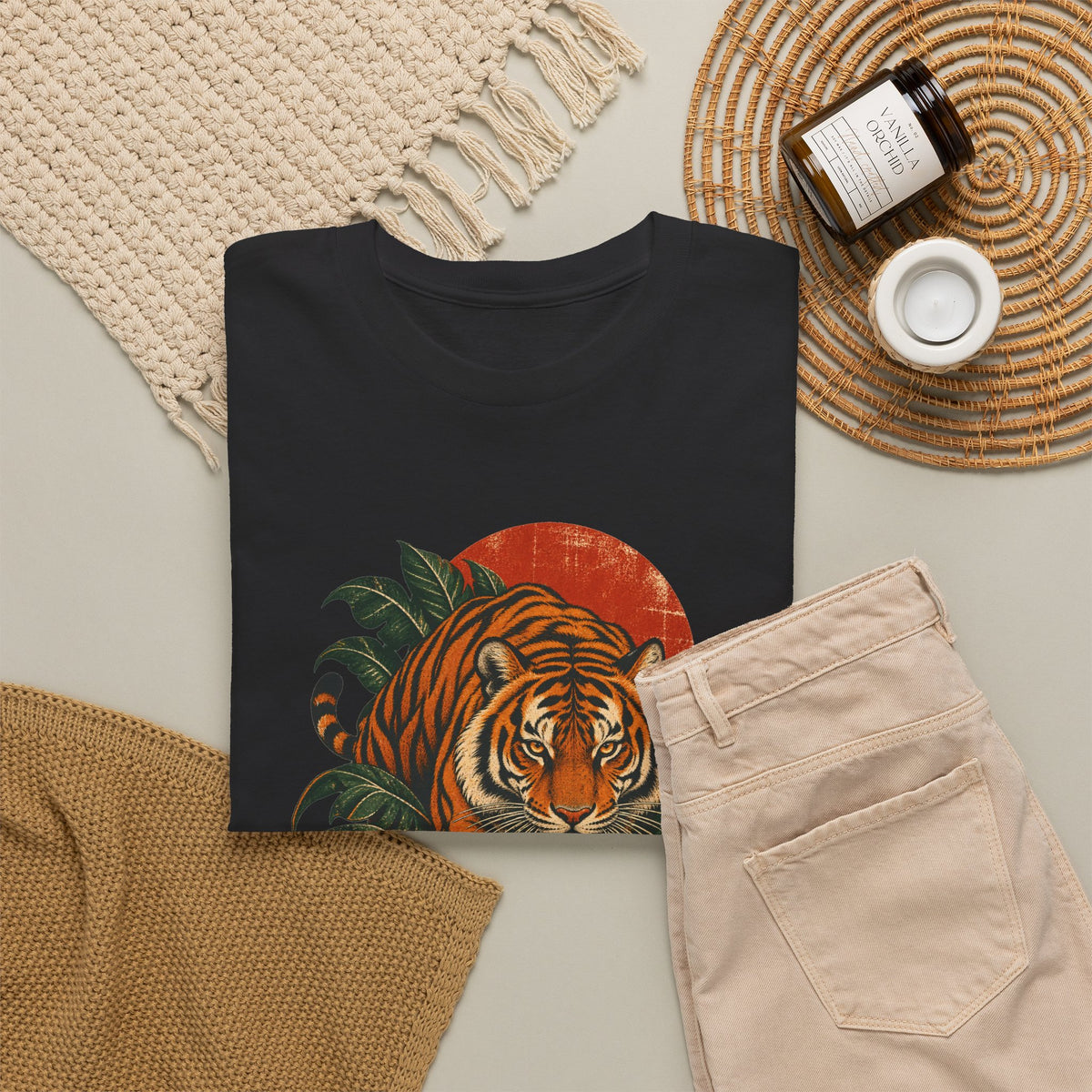 Tropical Tiger Monstera T-Shirt Jungle Cat Orange Moon Tee