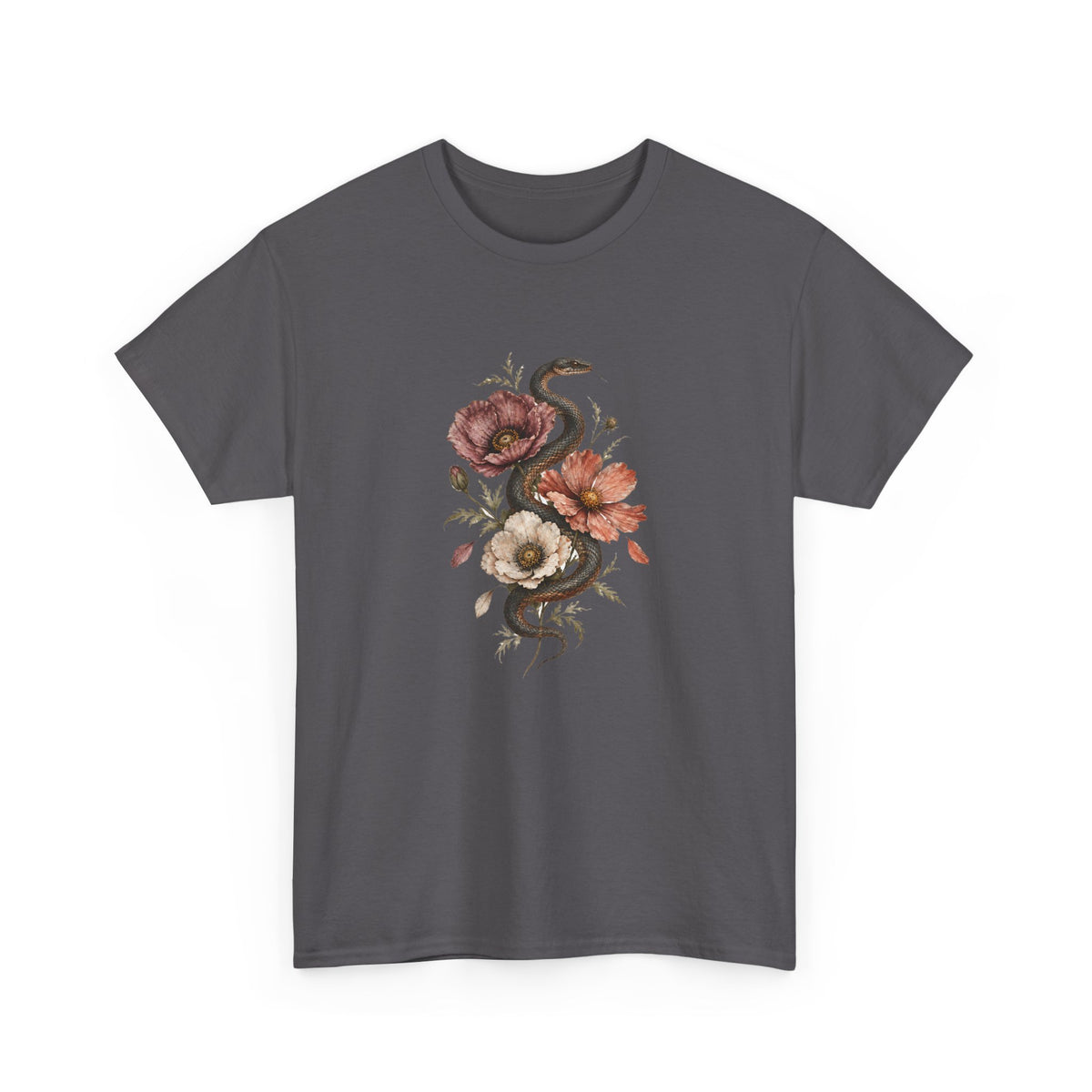 Snake and Poppies T-Shirt Vintage Botanical Serpent Flower Tattoo Style Tee