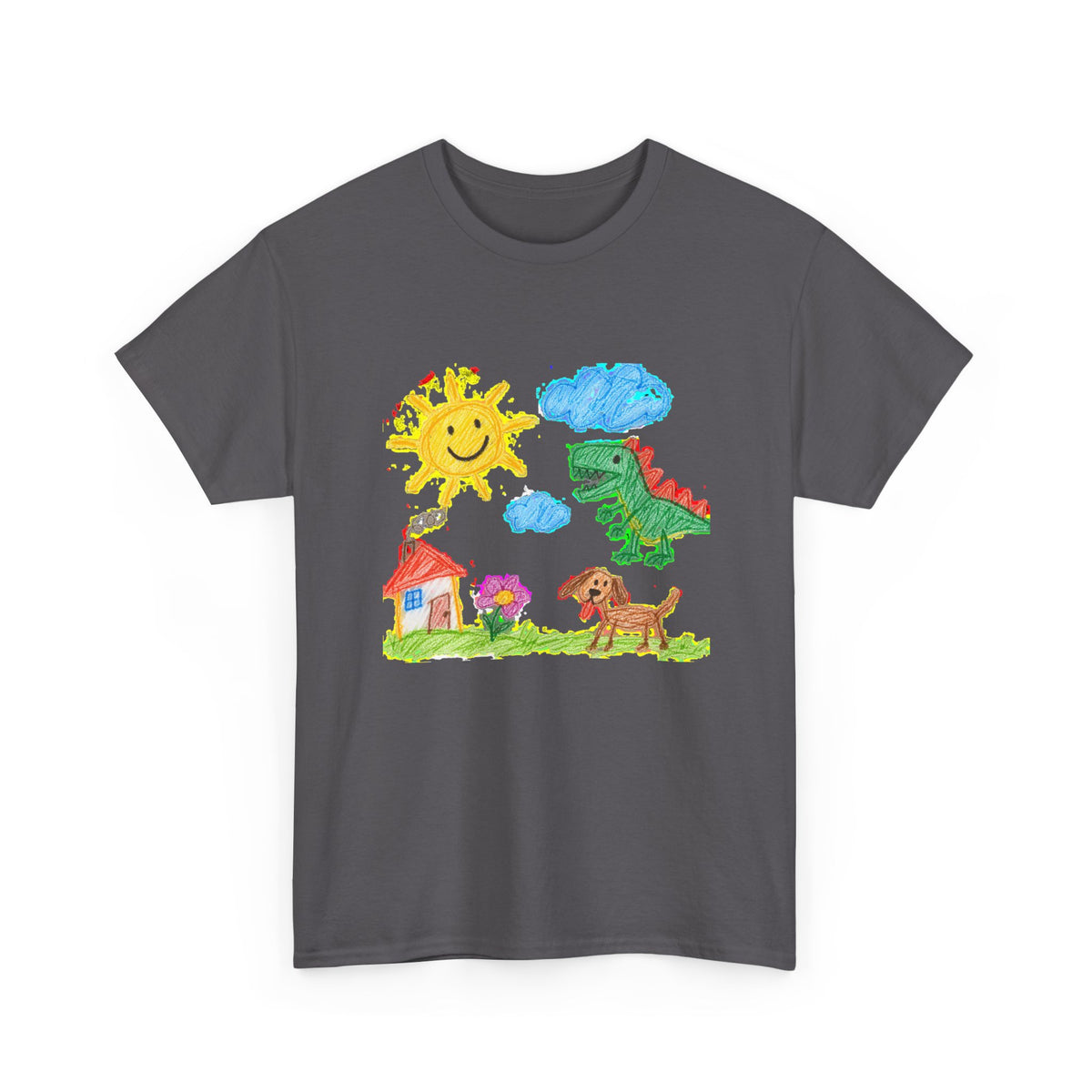 Kids Crayon Drawing T-Shirt Dinosaur Dog Sun House Cute Childlike Art Tee