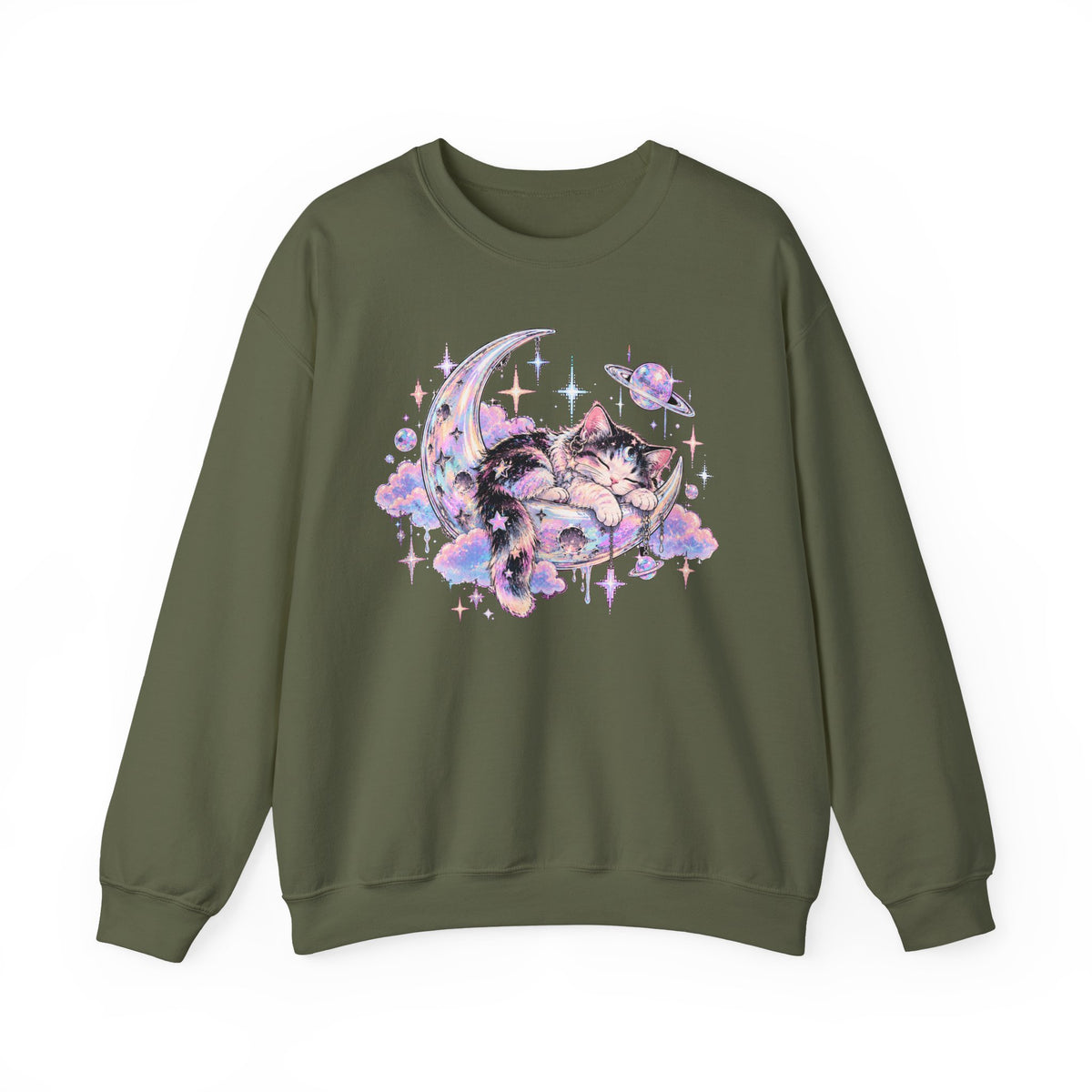 Sleeping Cat on Crescent Moon Sweatshirt Pastel Kawaii Celestial Kitten Crewneck