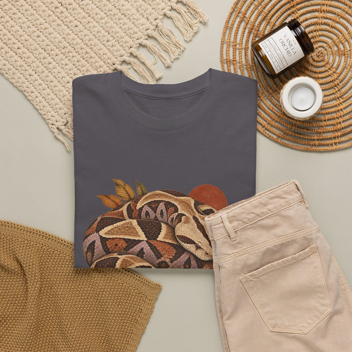 Gaboon Viper Coiled Sun T-Shirt Autumn Snake Geometric Tee