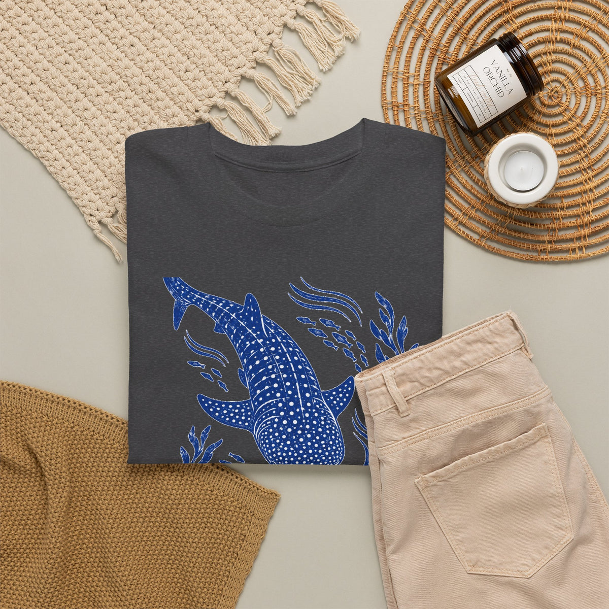 Whale Shark Linocut T-Shirt Blue Block Print Ocean Seaweed Fish Tee