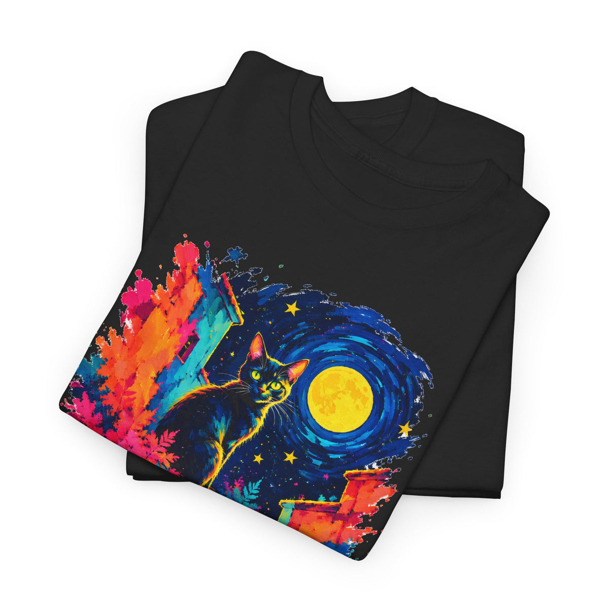 Black Cat on Moonlit Stairs T-Shirt Swirling Night Sky Yellow Moon Colorful Cat Art Tee