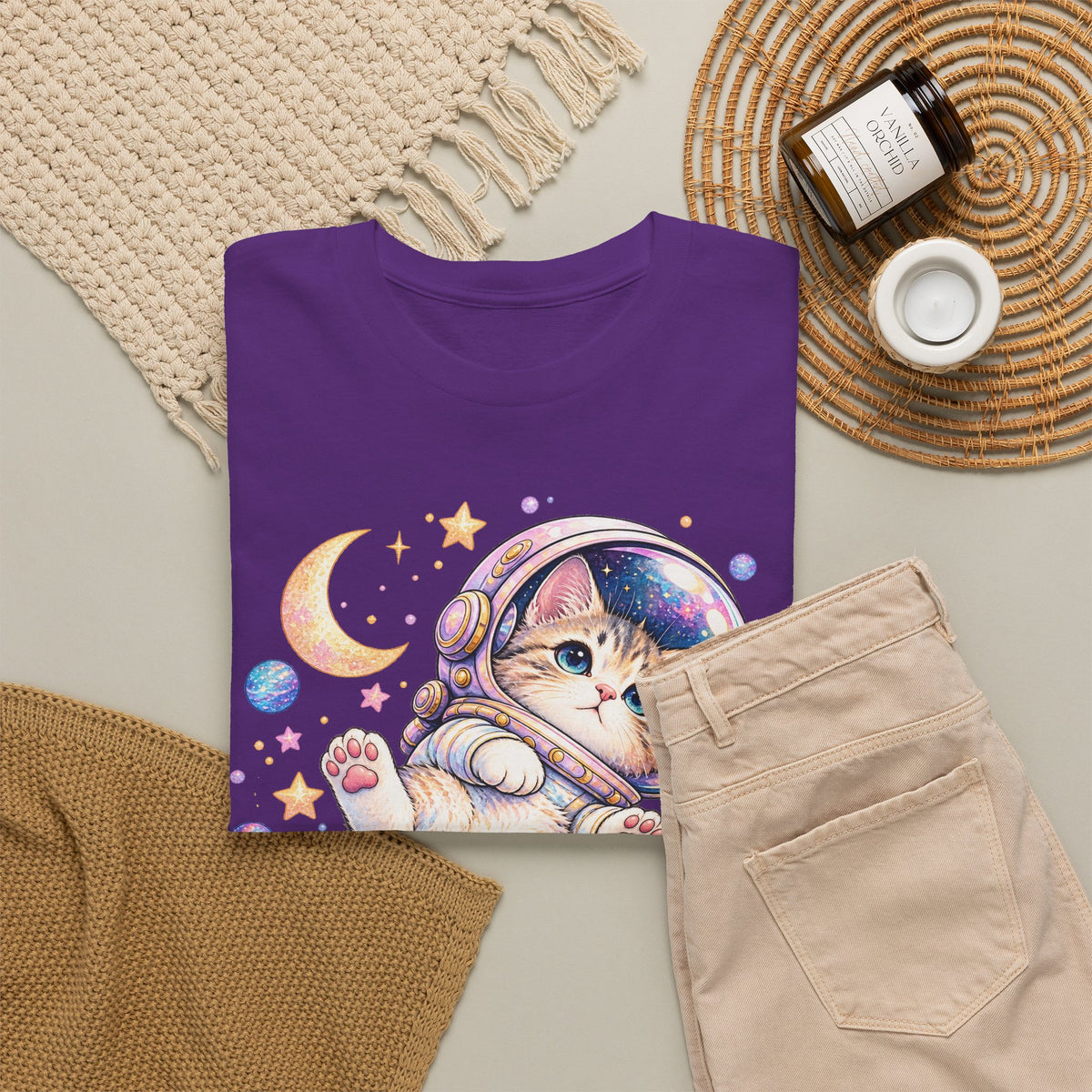Astronaut Kitten T-Shirt, Cute Pastel Space Cat Helmet Moon Planets Stars Graphic Tee Unisex