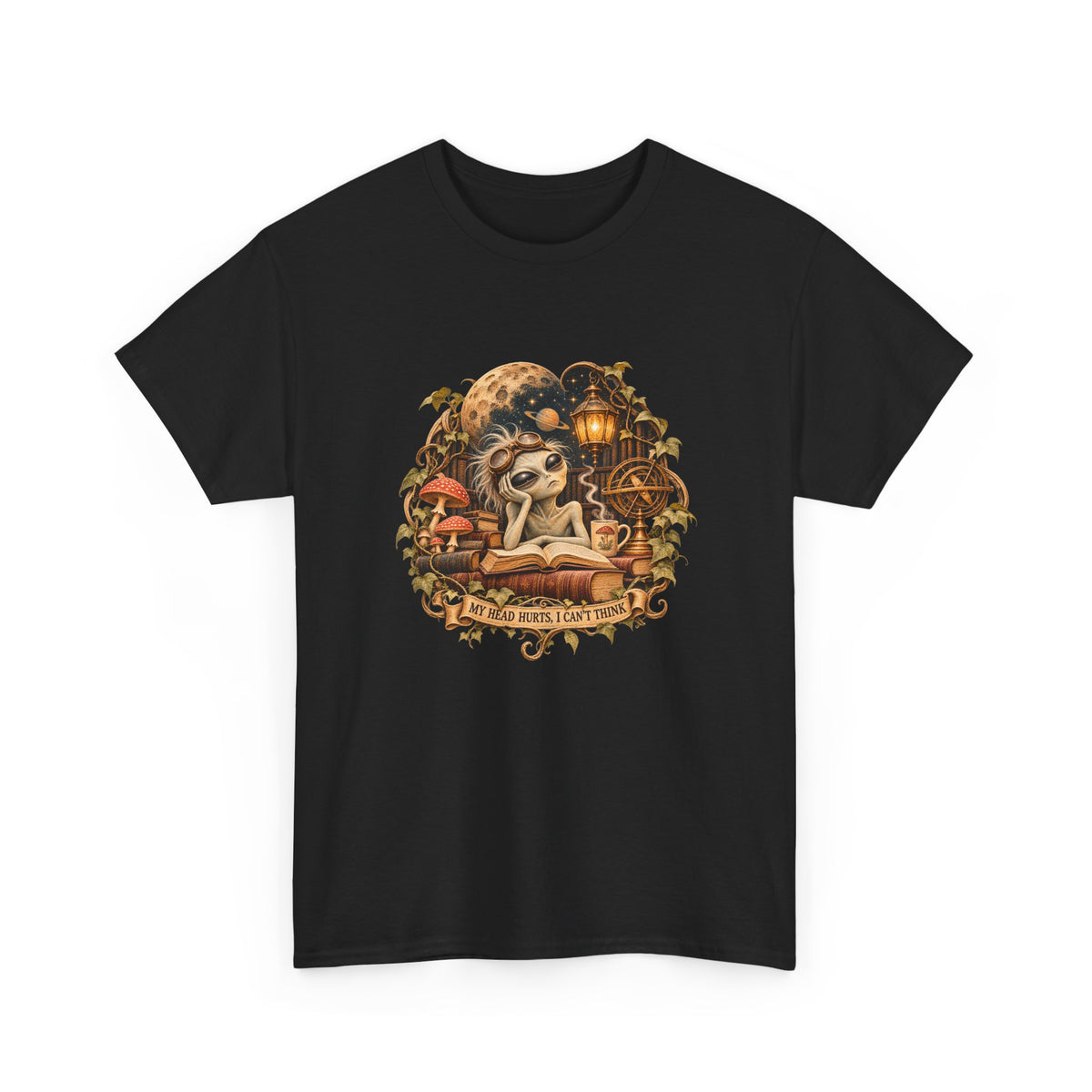 My Head Hurts I Can't Think T-Shirt Alien Scholar Books Funny Tee
