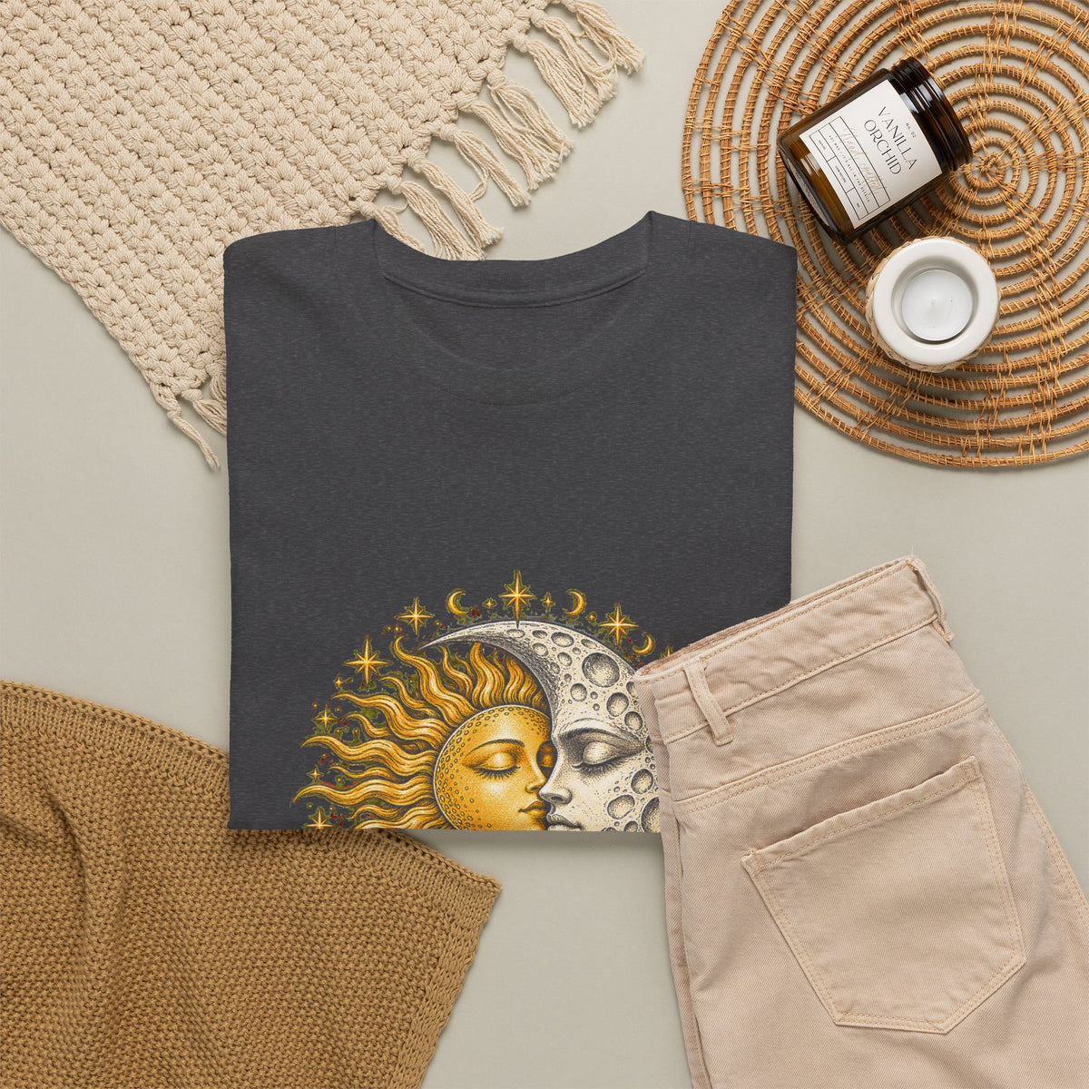 Celestial Sun and Moon Kiss T-Shirt Gold Silver Stars Romance Woodcut Tee