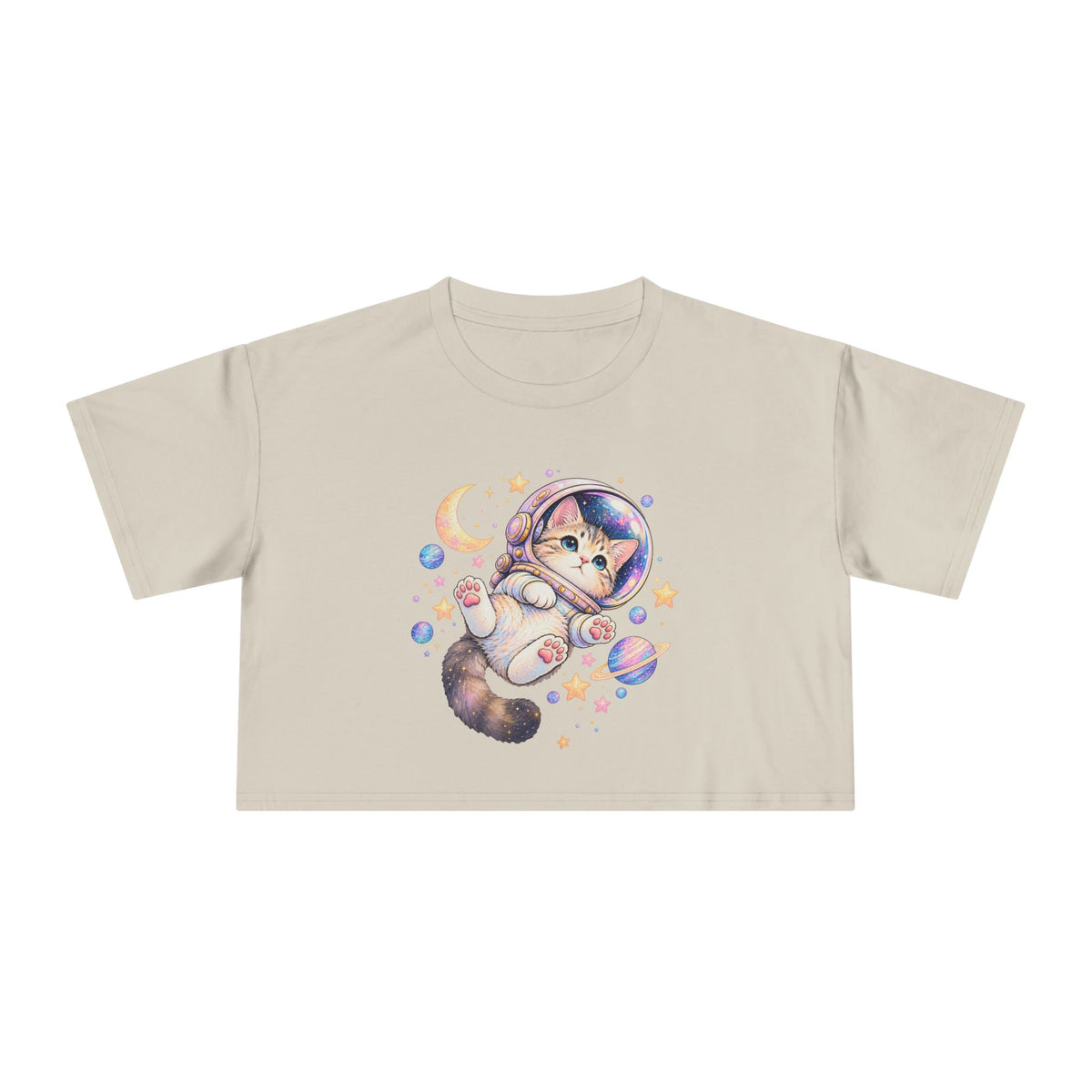 Astronaut Kitten Crop Tee, Cute Pastel Space Cat Helmet Moon Planets Stars Kawaii Women's Cropped T-Shirt