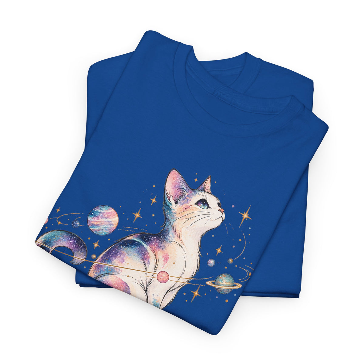 Cosmic Galaxy Cat T-Shirt, Pastel Watercolor Cat Planets Gold Stars Celestial Graphic Tee Unisex