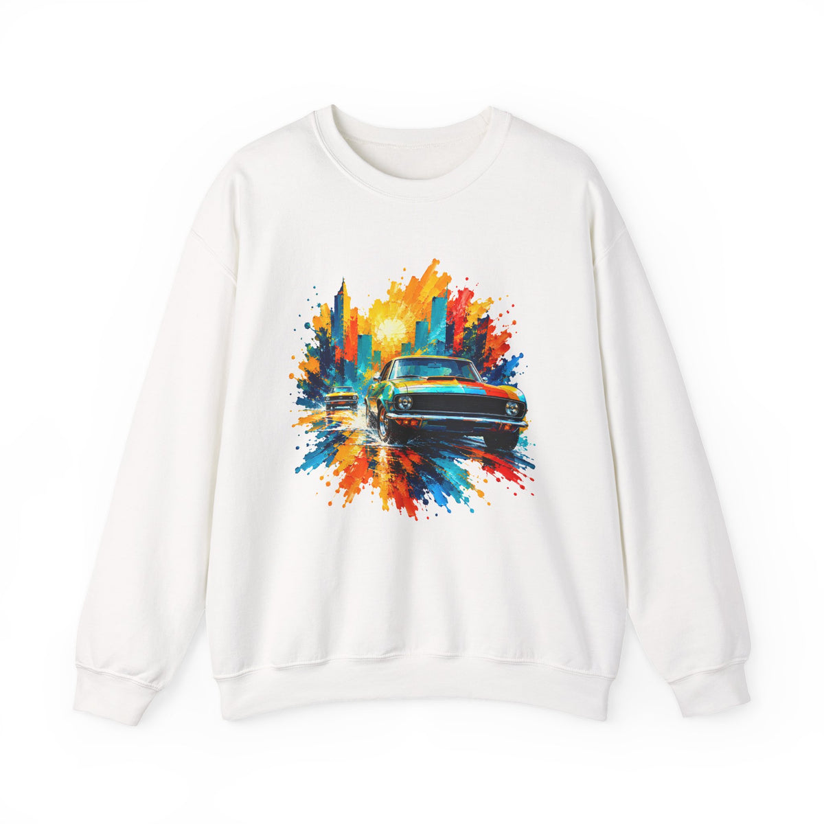 Paint Splash Muscle Car Crewneck Sweatshirt Colorful City Sunset Classic Car Art