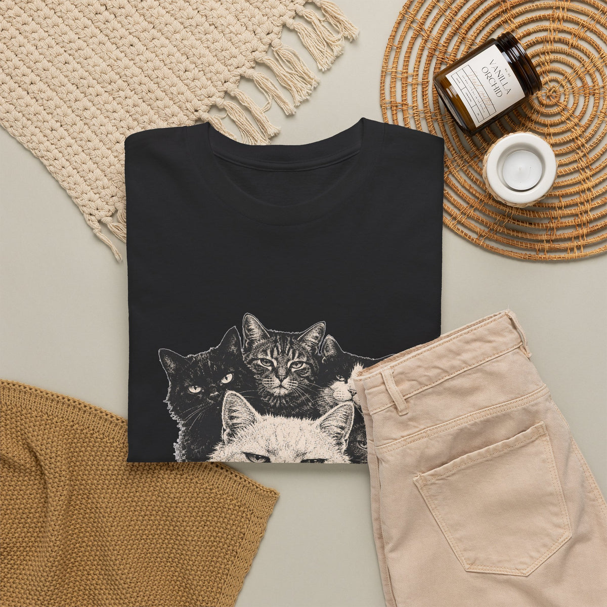 Vintage Grumpy Cats Crew T-Shirt Woodcut Smoking Cat Gang Retro Tattoo Style Tee