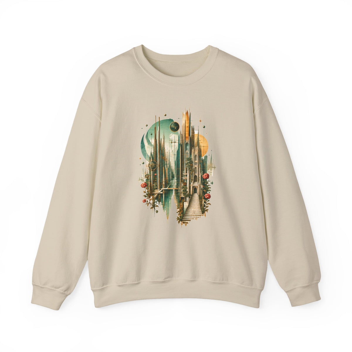 Art Deco Emerald City Crewneck Sweatshirt Gold Fantasy Skyline Roses Stairway Art