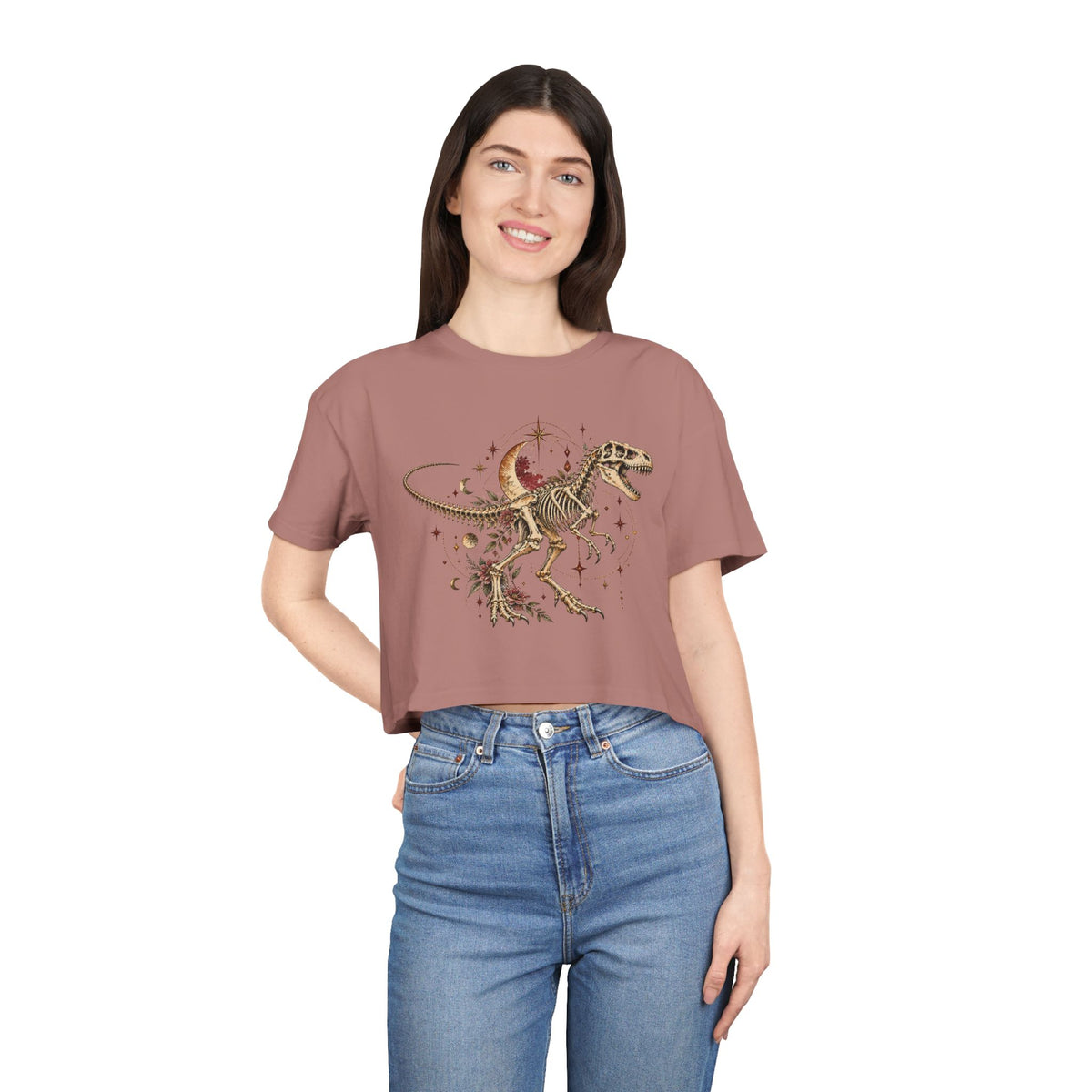 Celestial T-Rex Skeleton Crop Tee, Dark Academia Moon Stars Floral Dinosaur Women's Cropped T-Shirt