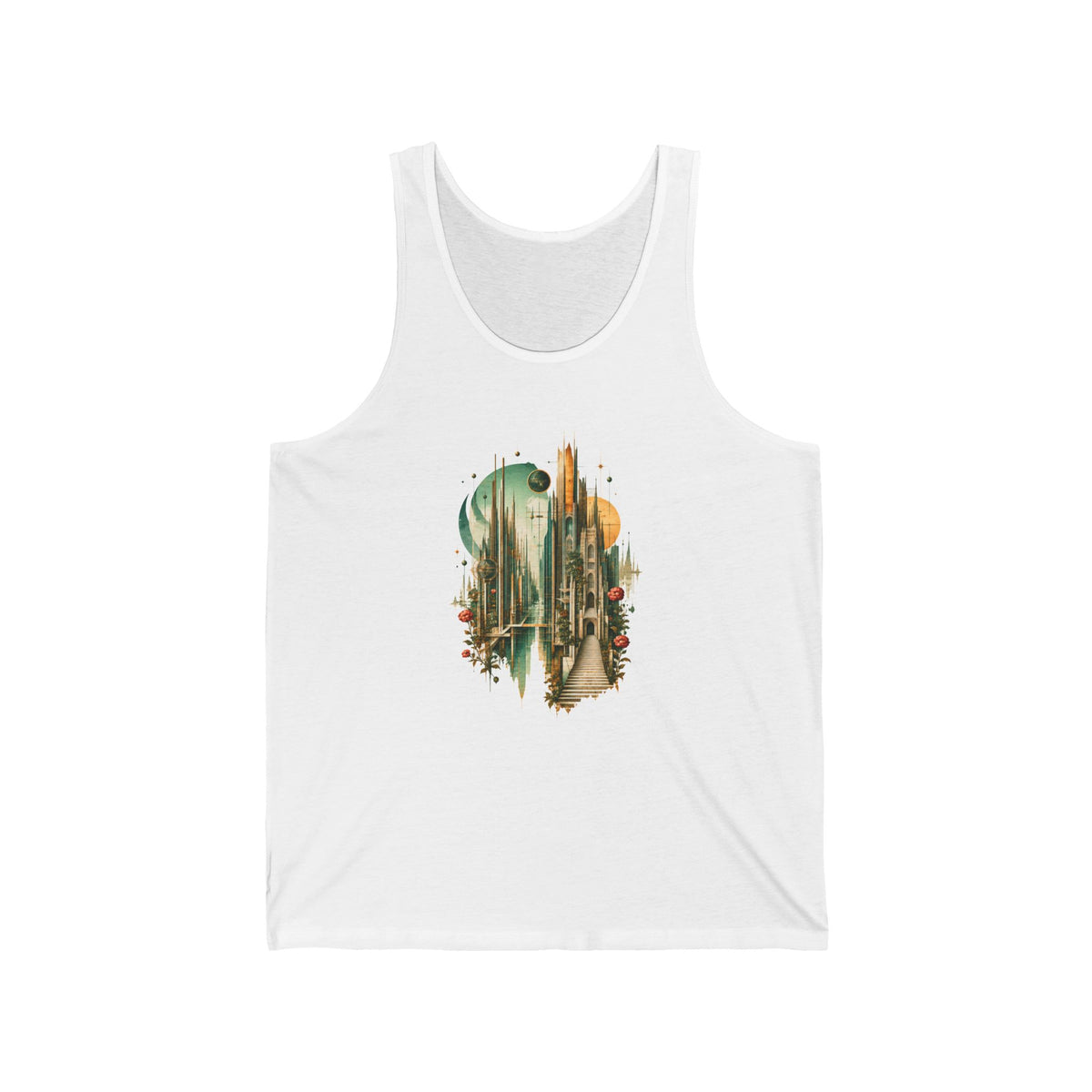 Art Deco Emerald City Tank Top Gold Fantasy Skyline Roses Stairway Art